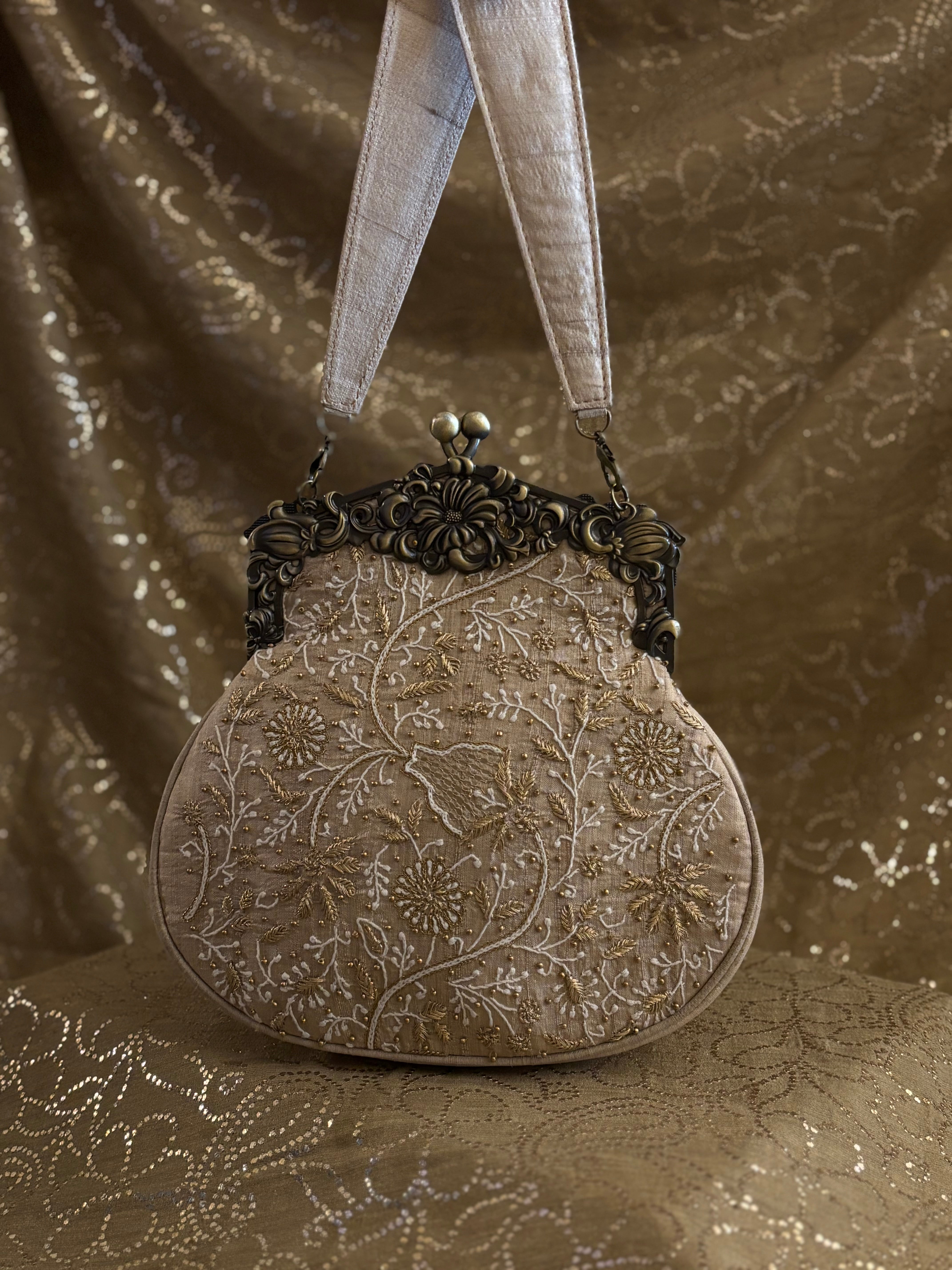 Beige Chikankari Clutch Bag