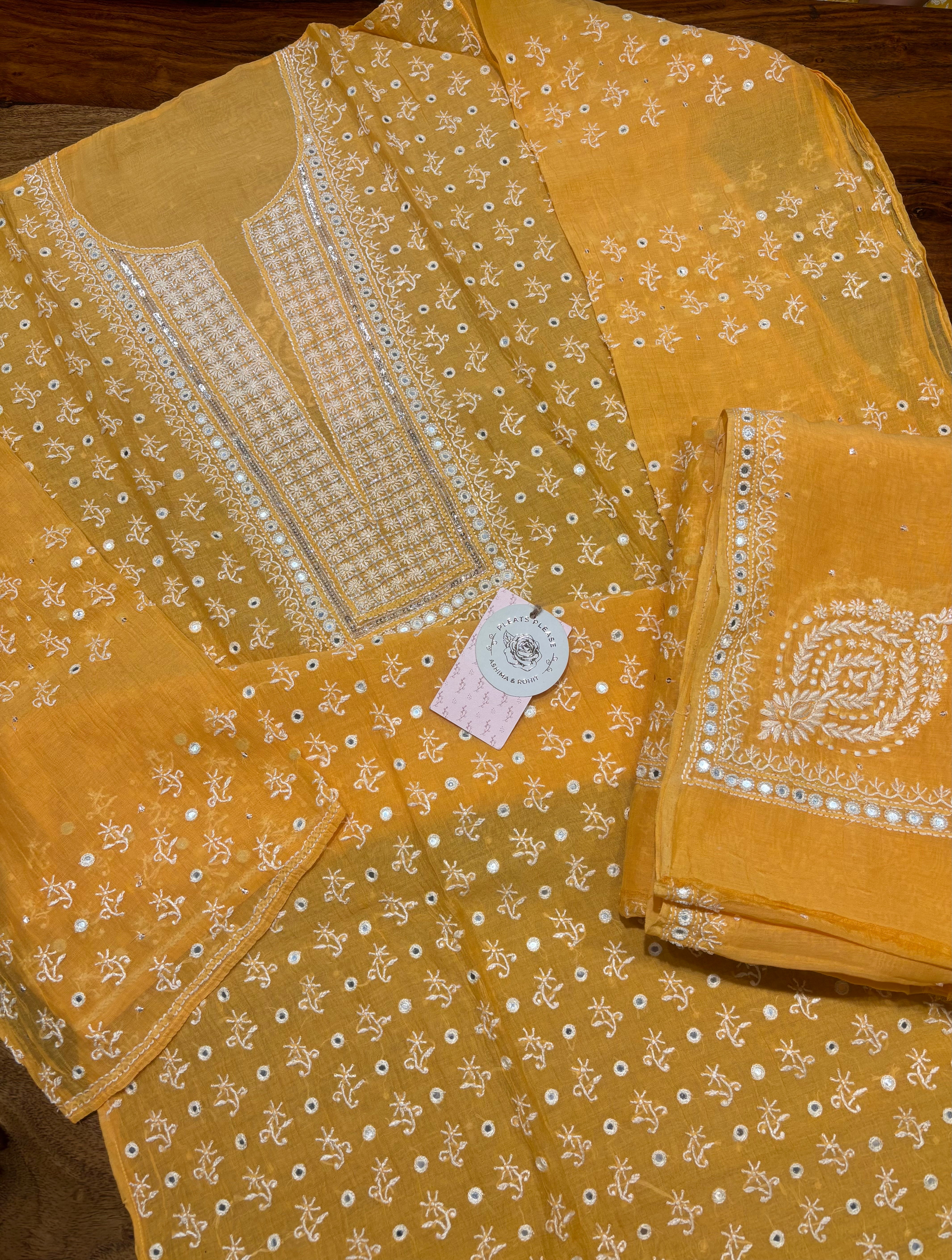 Mango Yellow Chanderi Mul Chikankari Kurta & Dupatta Set