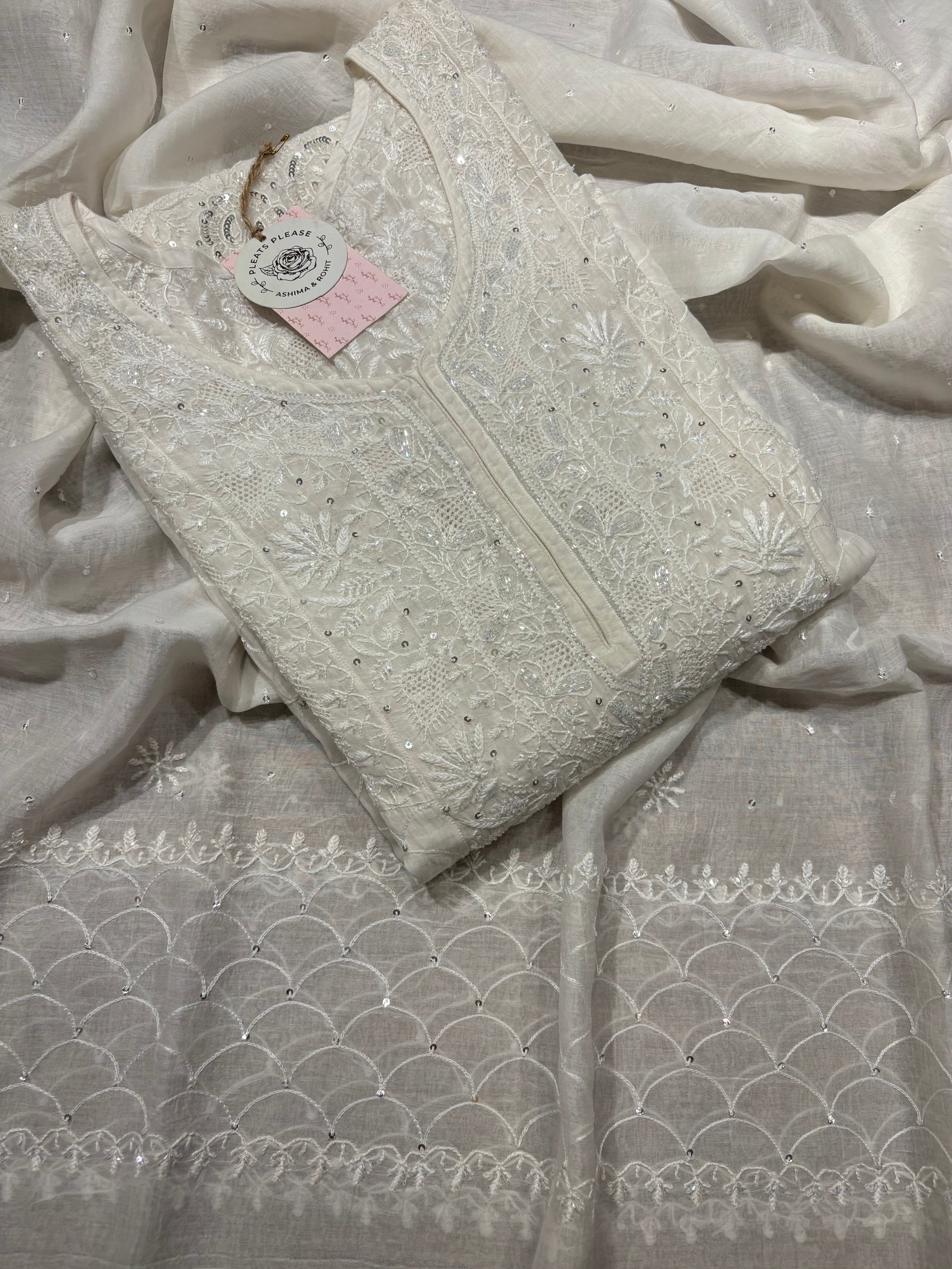 Dyeable Chanderi Mul Chikankari Anarkali and Dupatta set