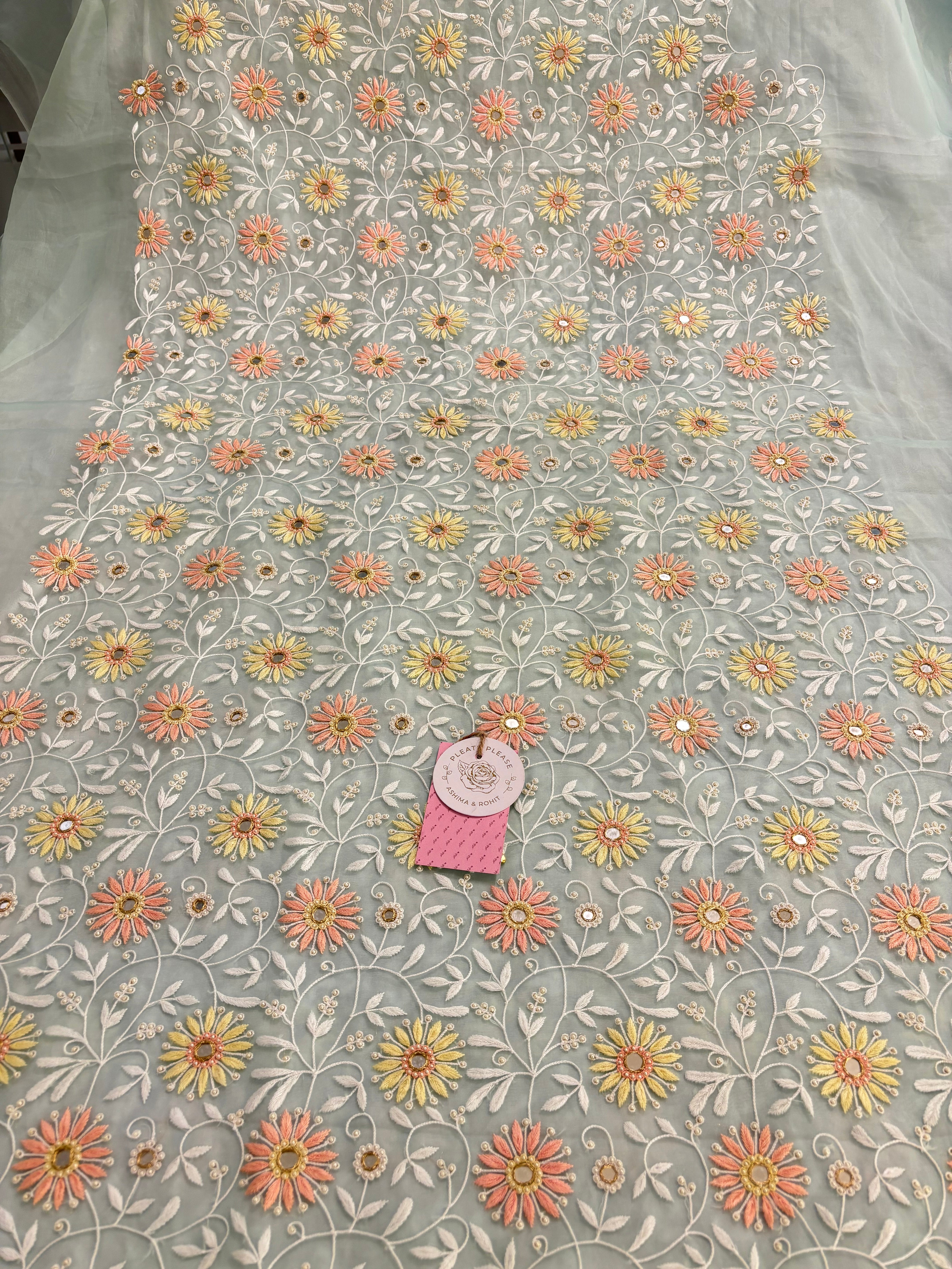 Sage Green Organza Mirror Chikankari Kurta & Dupatta