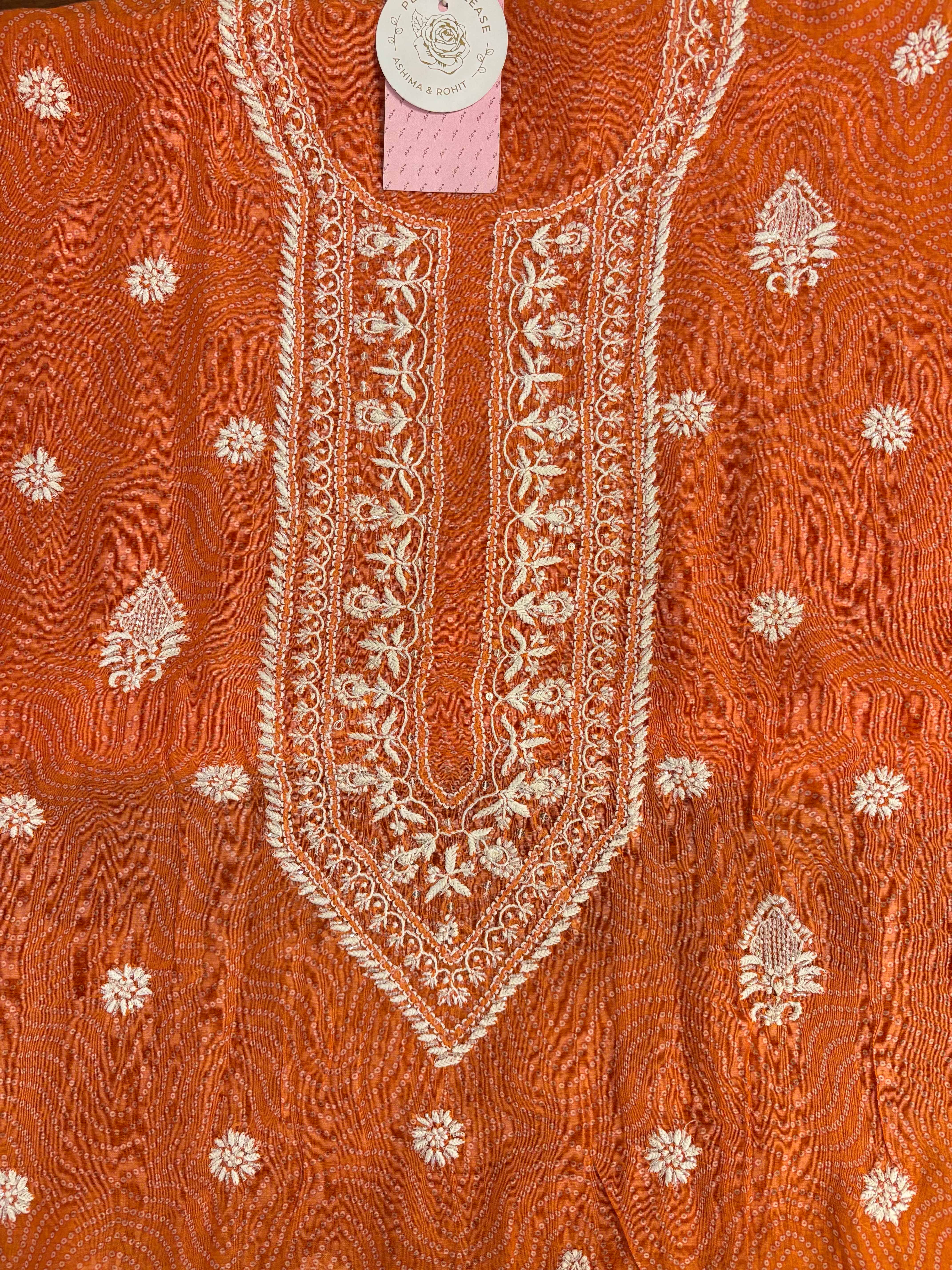 Orange Chanderi Bandhej Chikankari Kurta & Dupatta