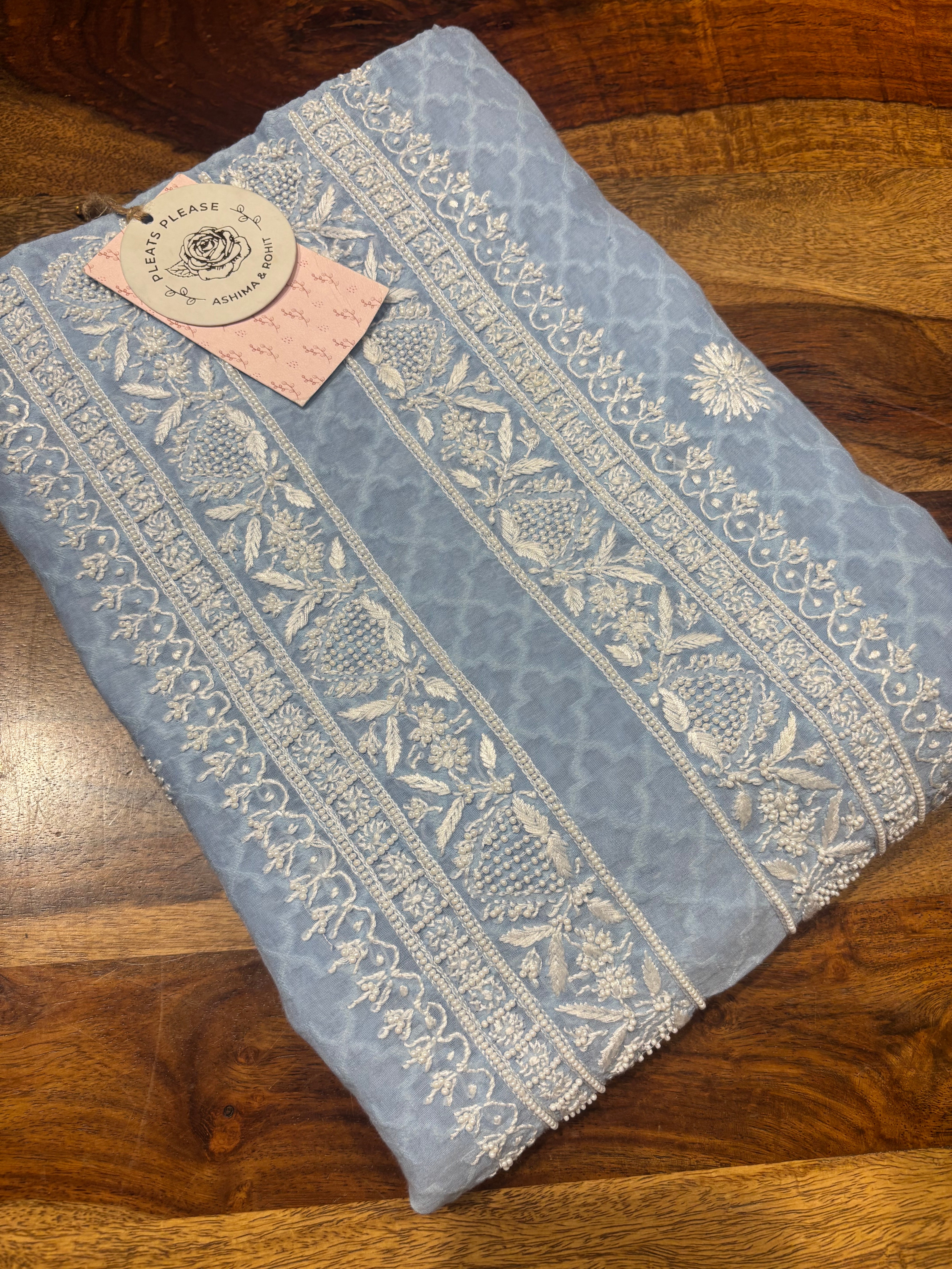 Blue Chanderi Mul  Chikankari Men’s Kurta Fabric