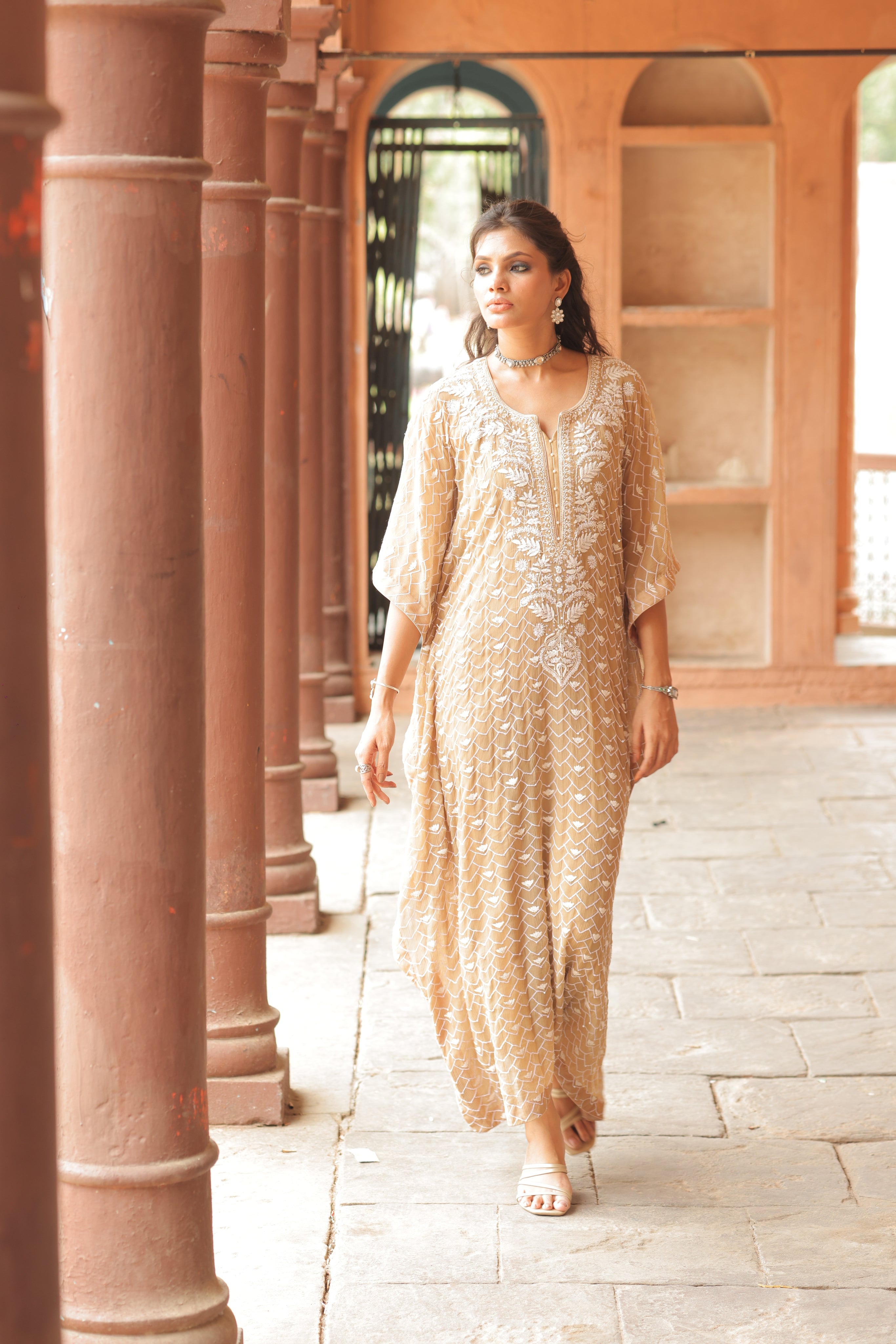 Coffee Brown Chliffon Chikankari Kaftan