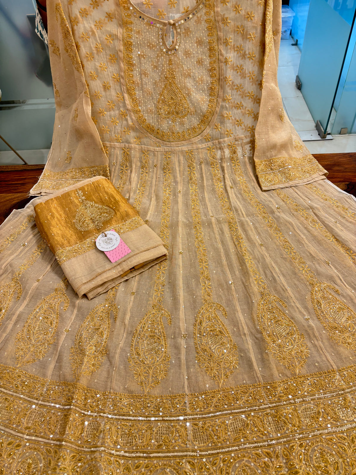 Dyeable Pure & Premium Tissue Mirror Chikankari Bajirao Anarkali & Dupatta