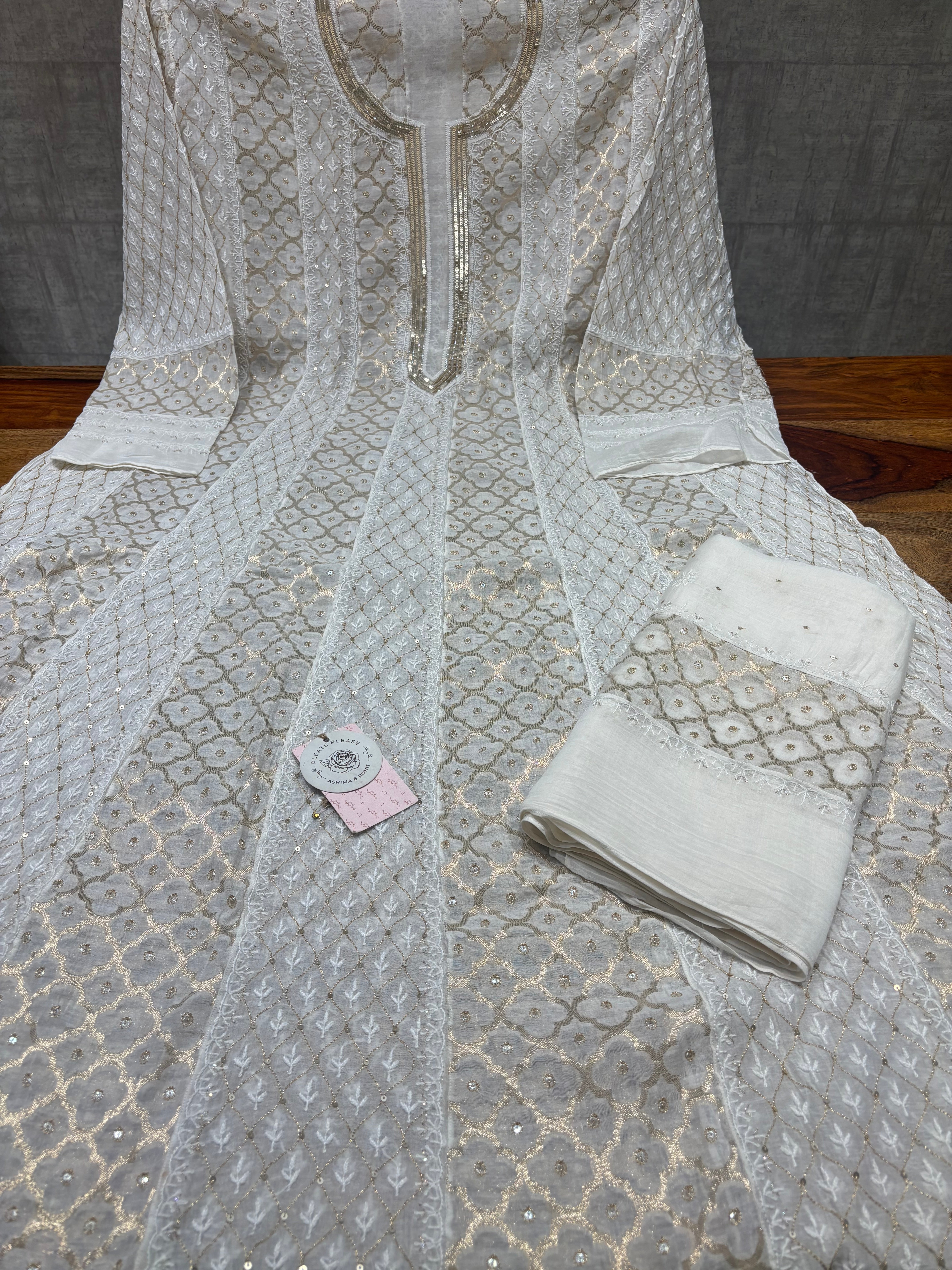 Dyeable Chanderi Silk Chikankari Anarkali & Dupatta Set