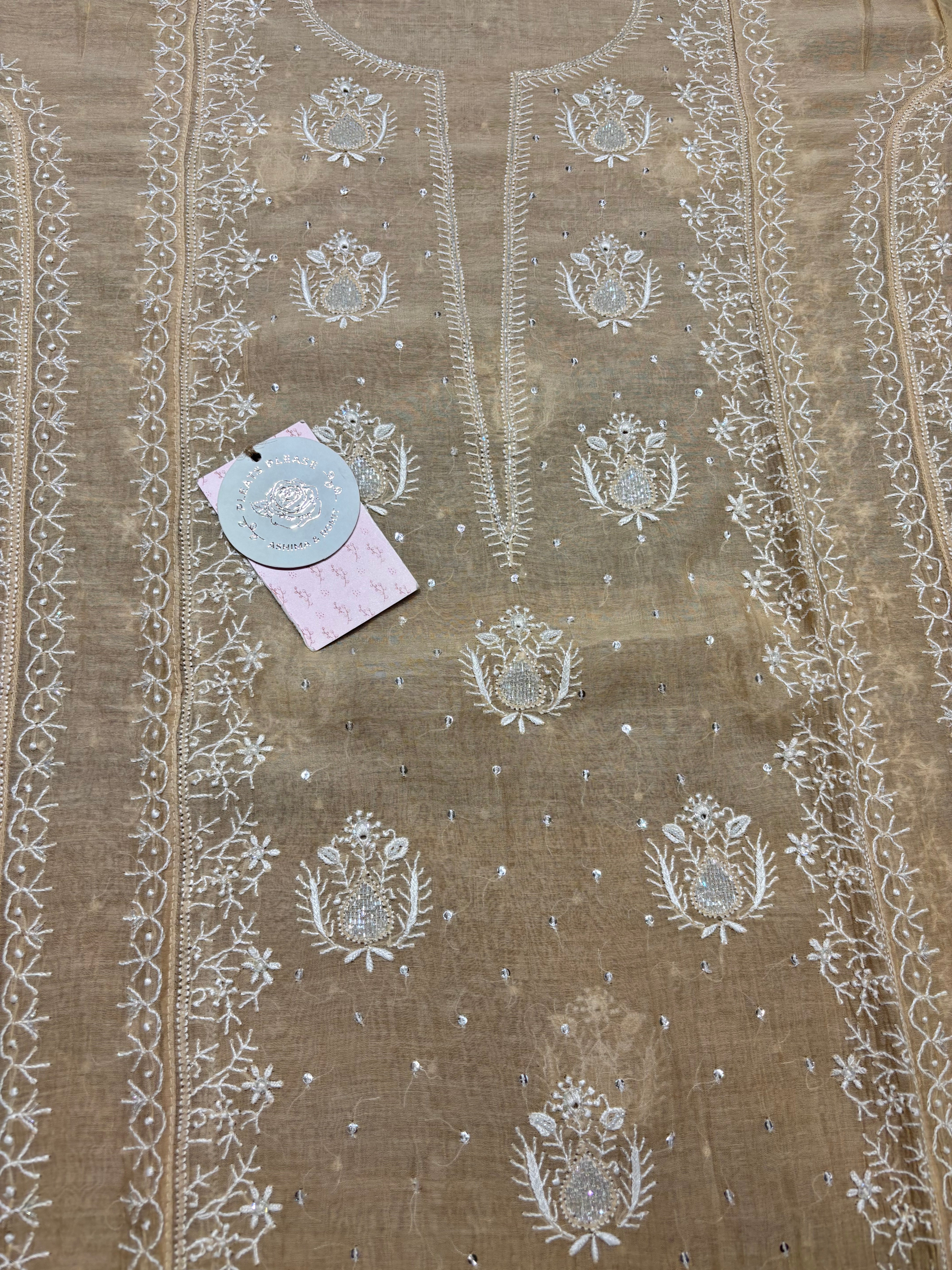 Coffee cream Chanderi Mul Chikankari kurta and Dupatta set