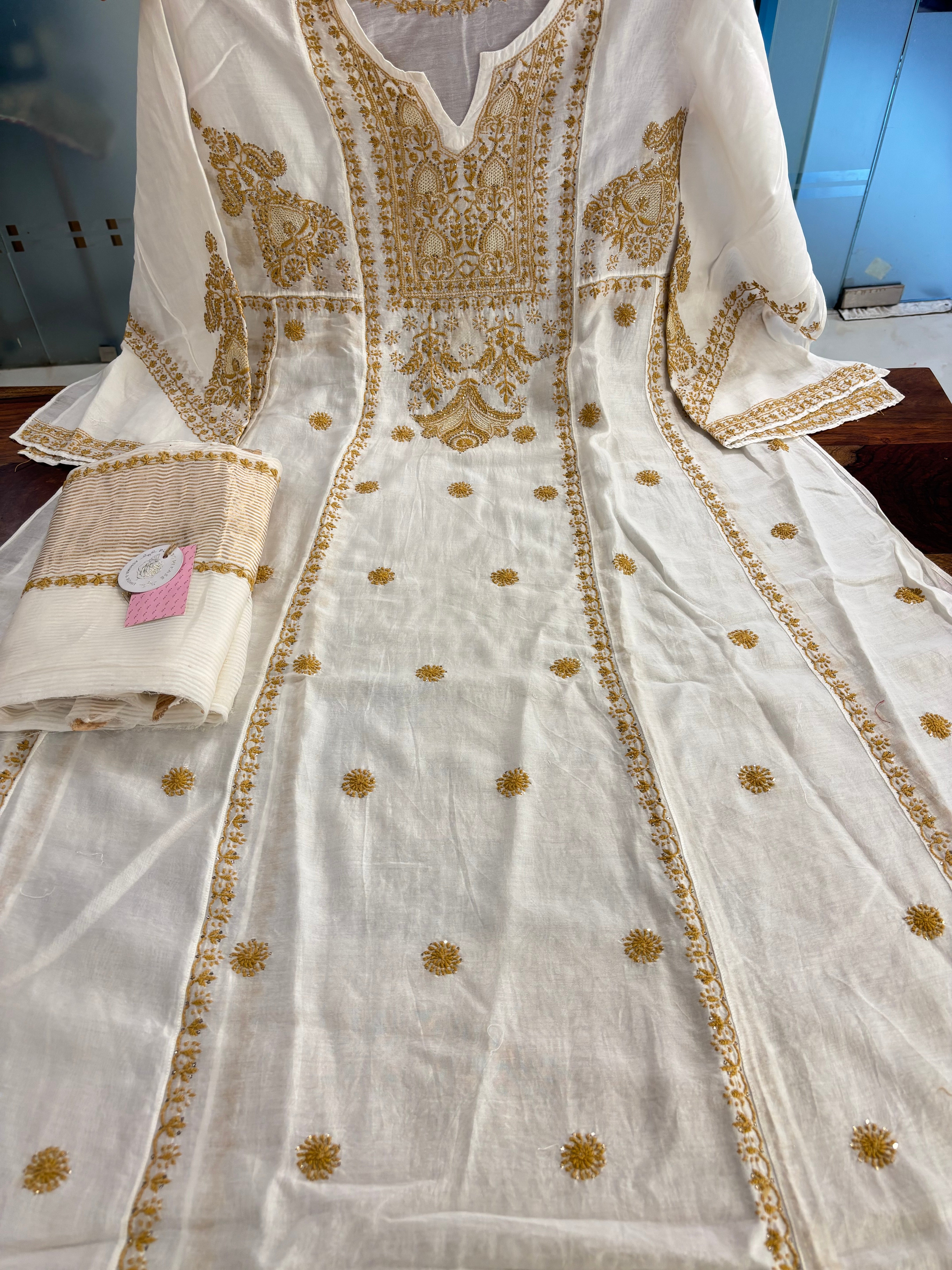 Dyeable Chanderi Chikankari Mukaish Anarkali & Dupatta Set