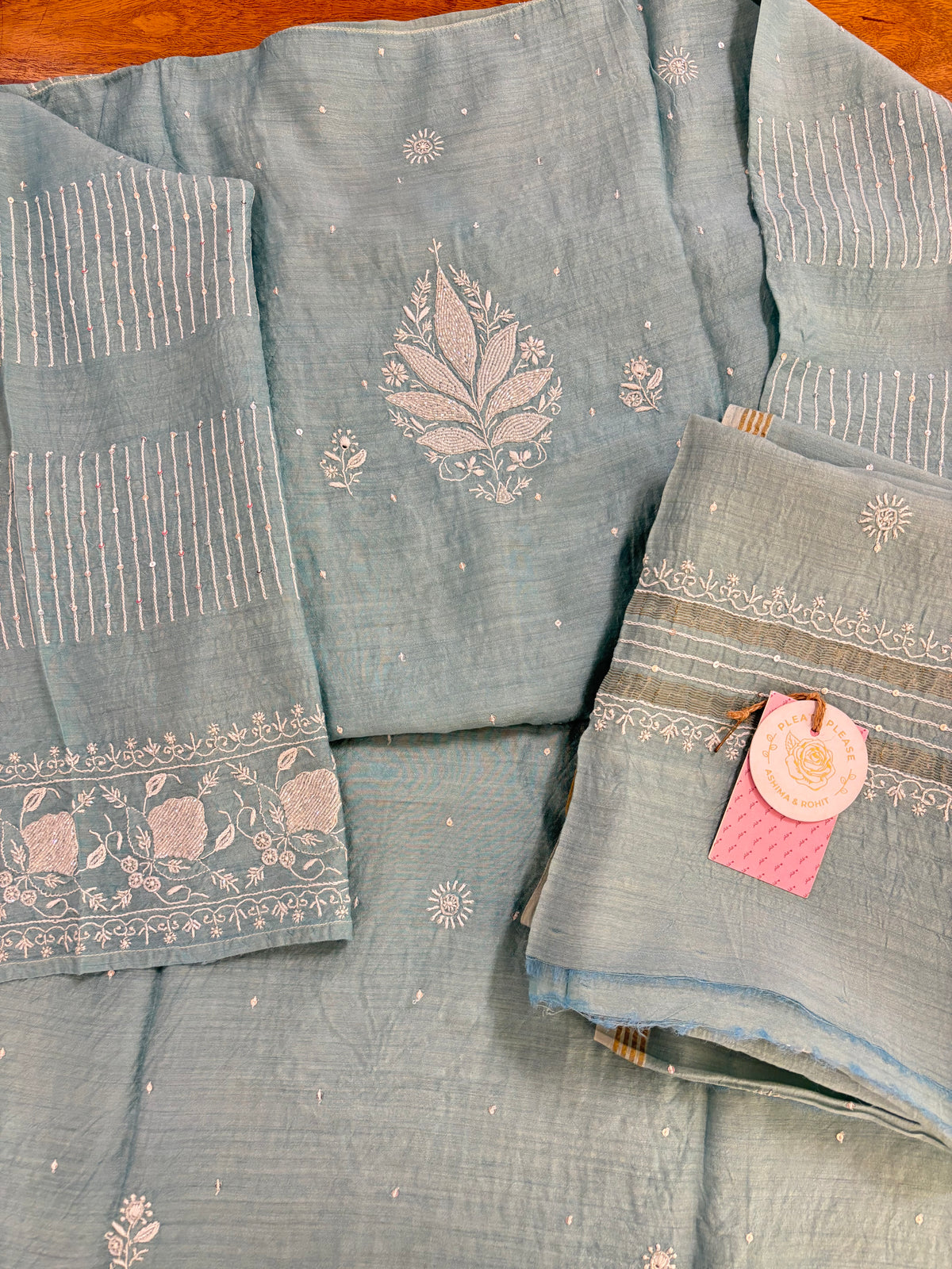Pastel Mint Green Monga Silk Chikankari Kurta & Dupatta - Pleats PleaseChikankari