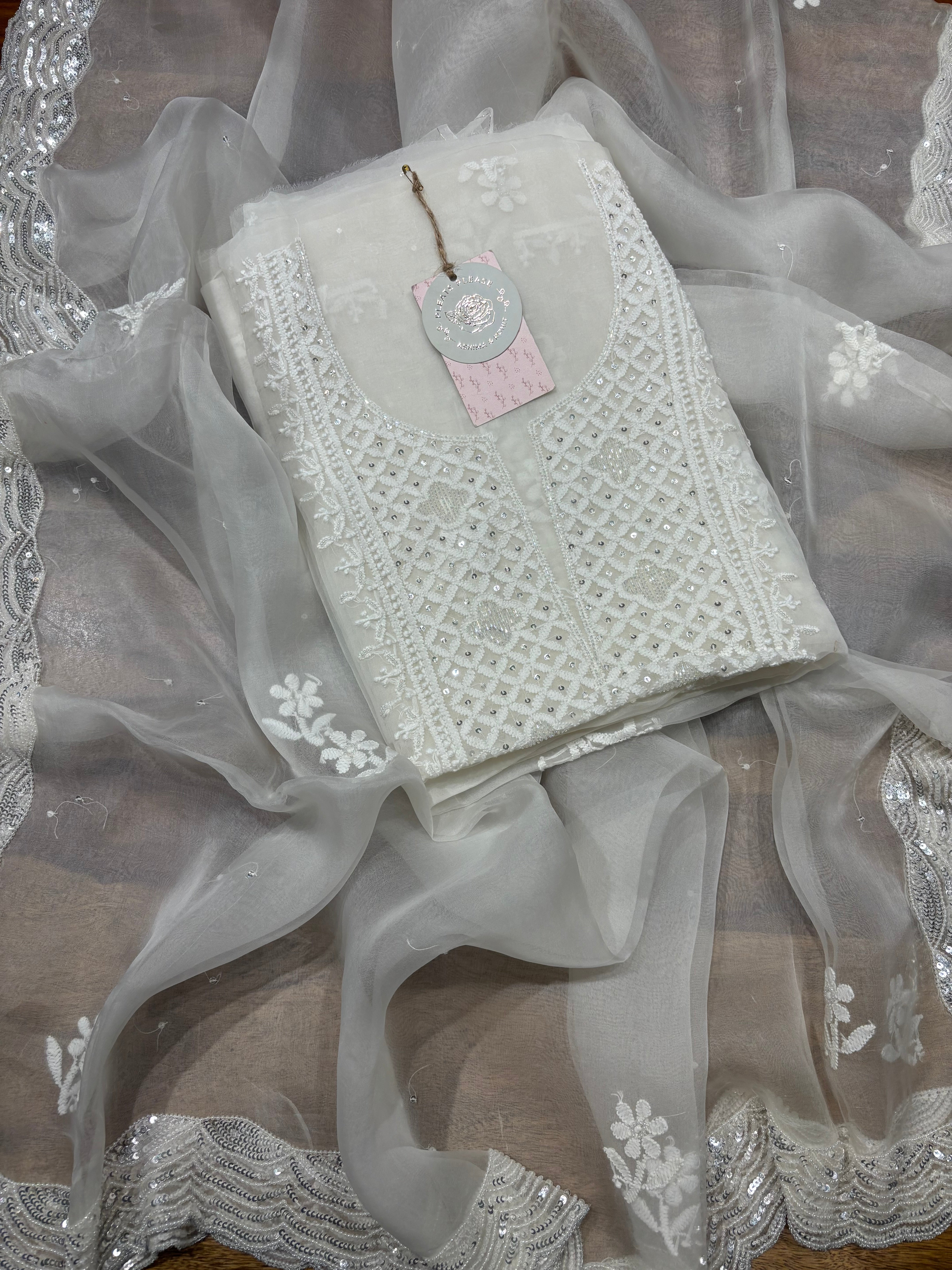 Dyeable Pure Organza Silk Chikankari Kurta And Dupatta Fabric