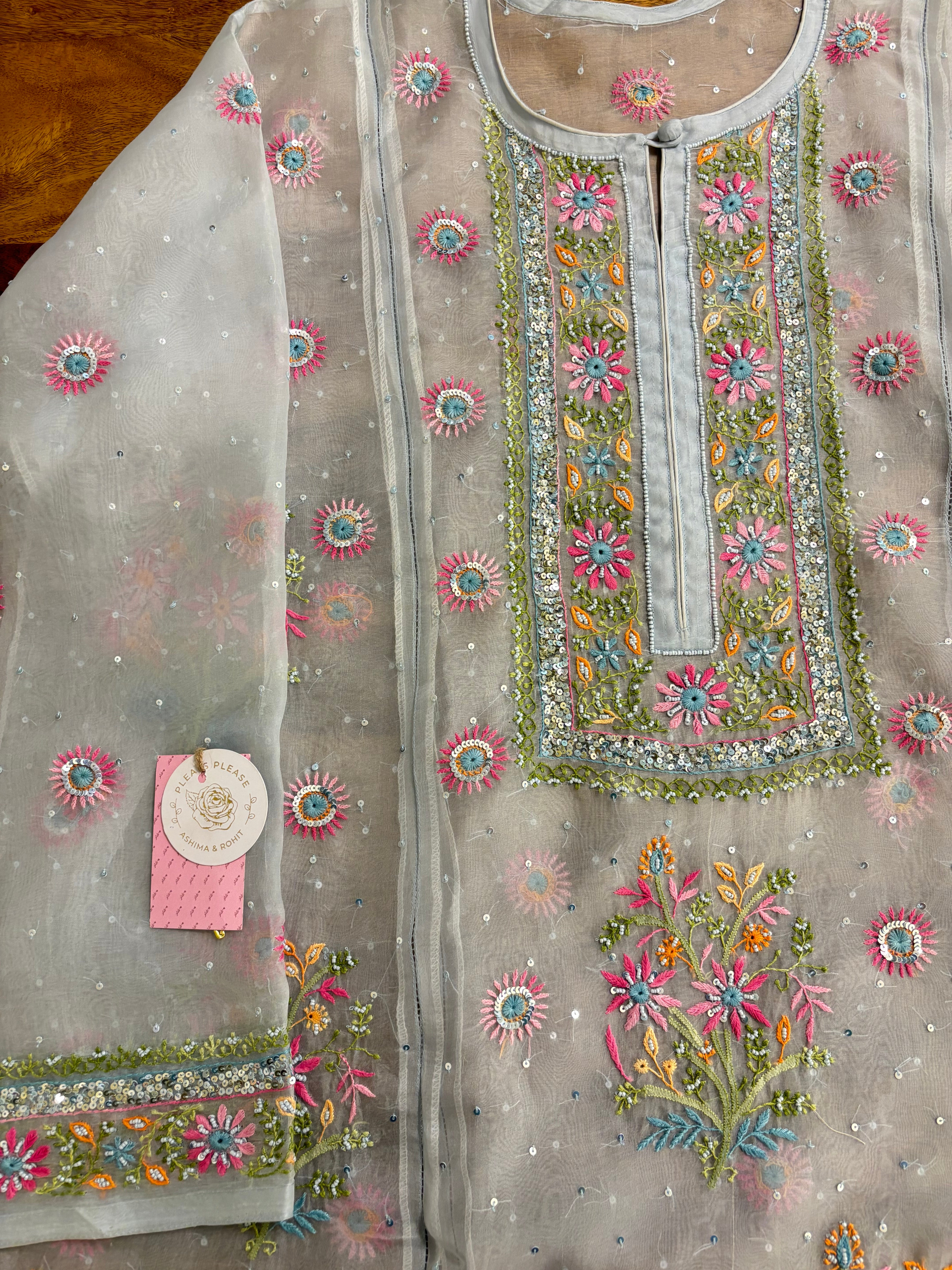 Pastel Blue Pure Organza Chikankari Kurta & Dupatta