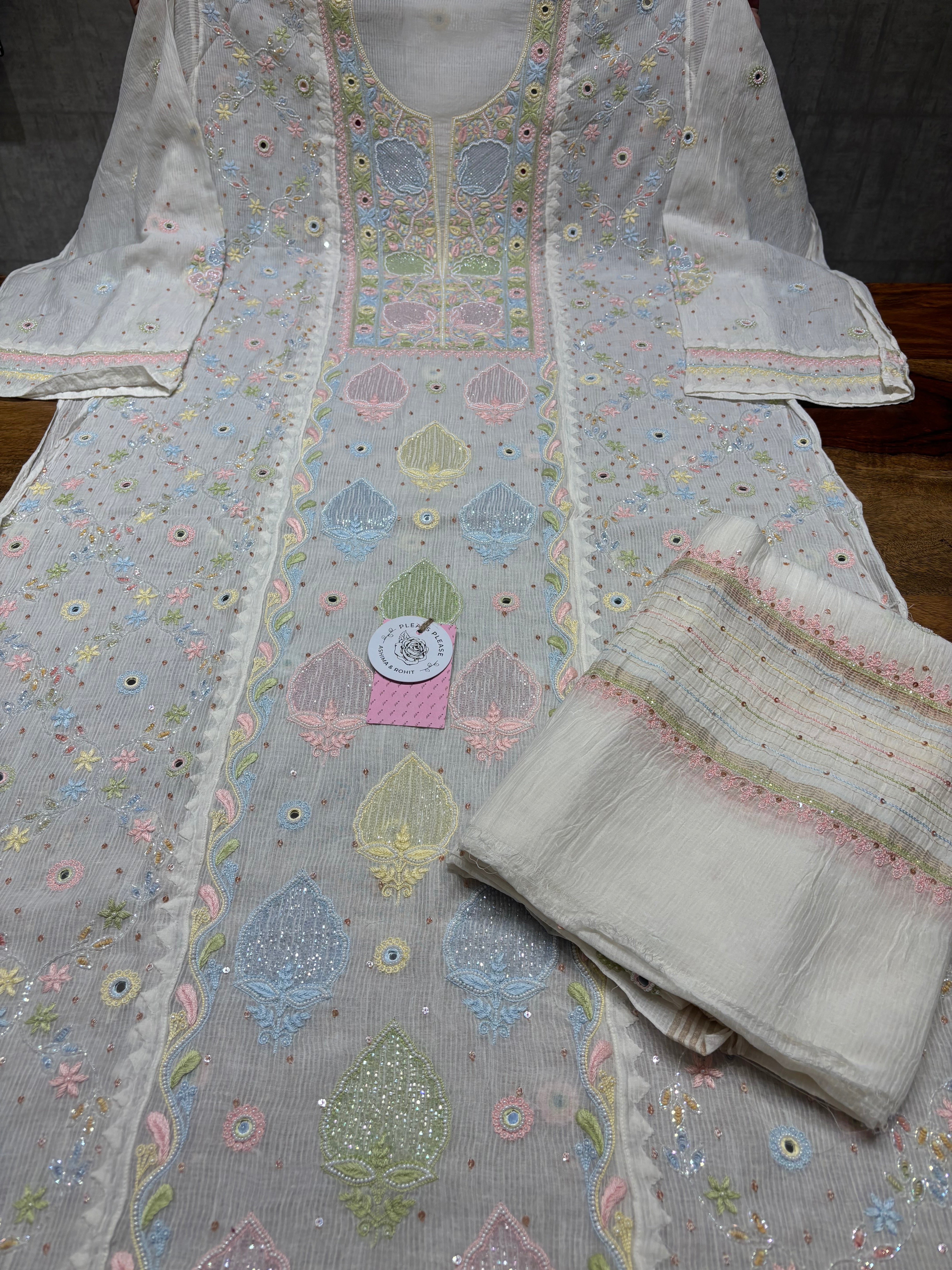 Dyeable Chanderi Maheshwari Multicolour Chikankari Kurta & Dupatta Set - Pleats PleaseChikankari