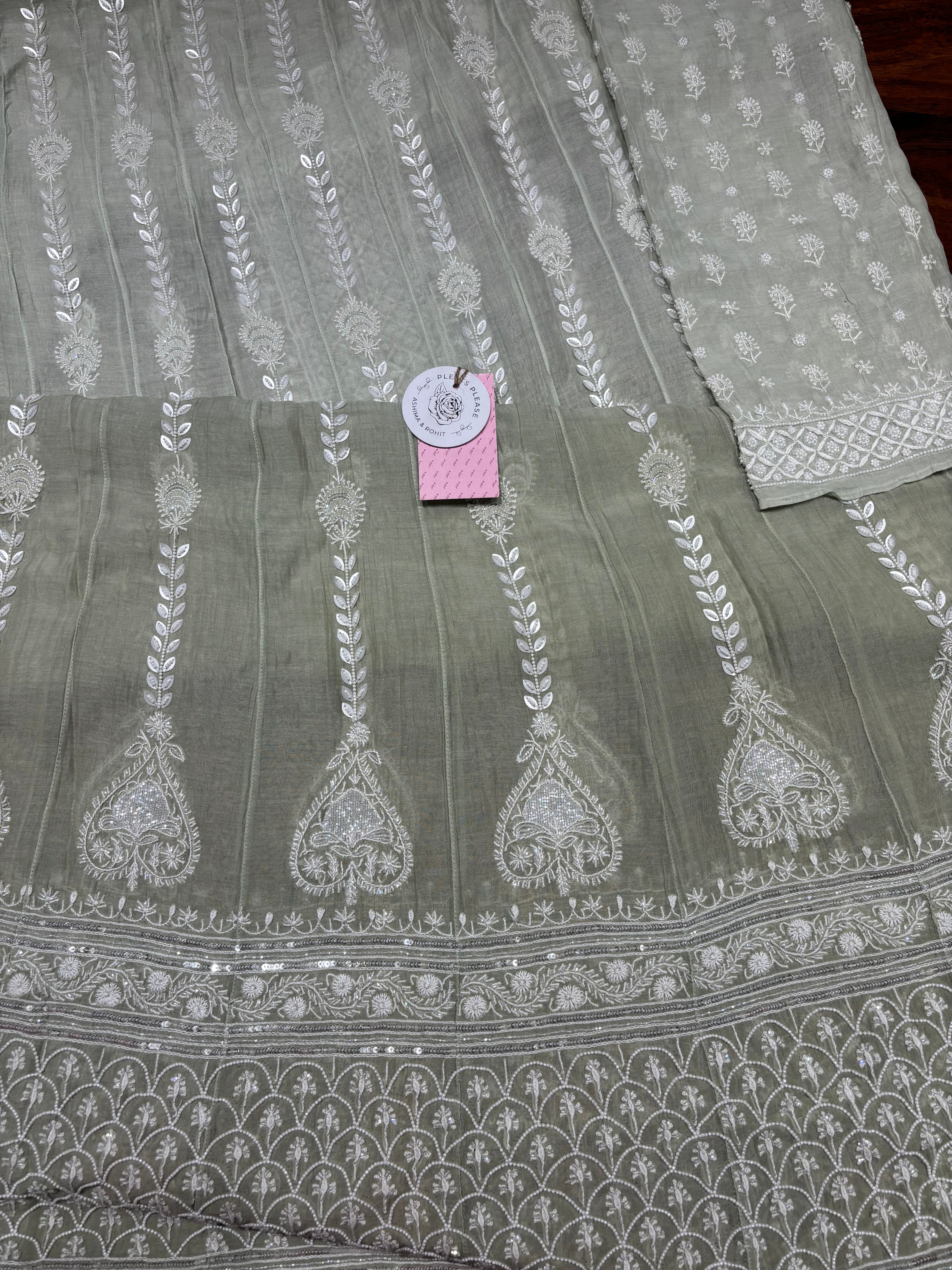 Sage Green Ombre Chanderi Mul Chikankari Anarkali & Dupatta Set