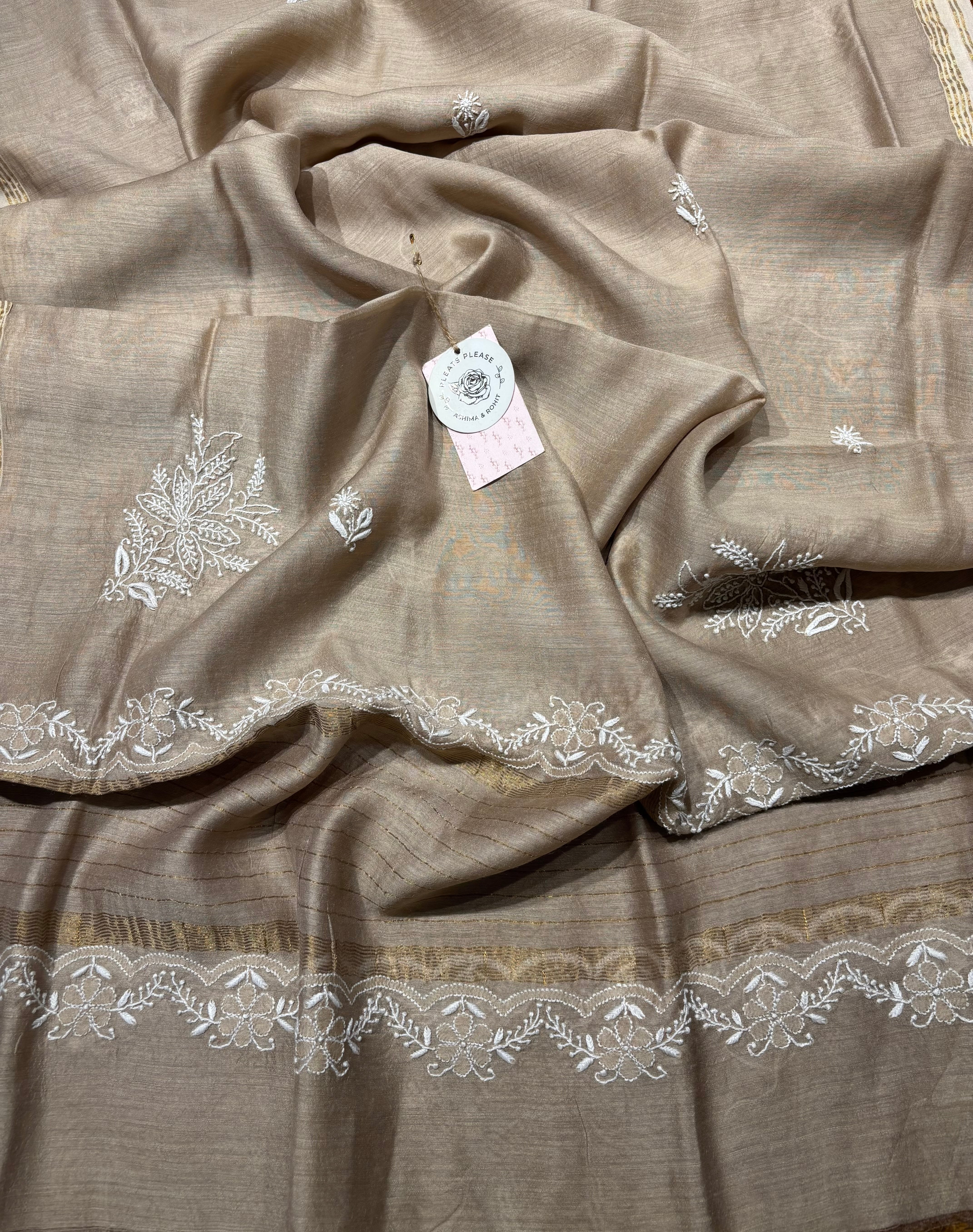 Champagne Beige Monga Silk Chikankari Kurta And Dupatta Fabric