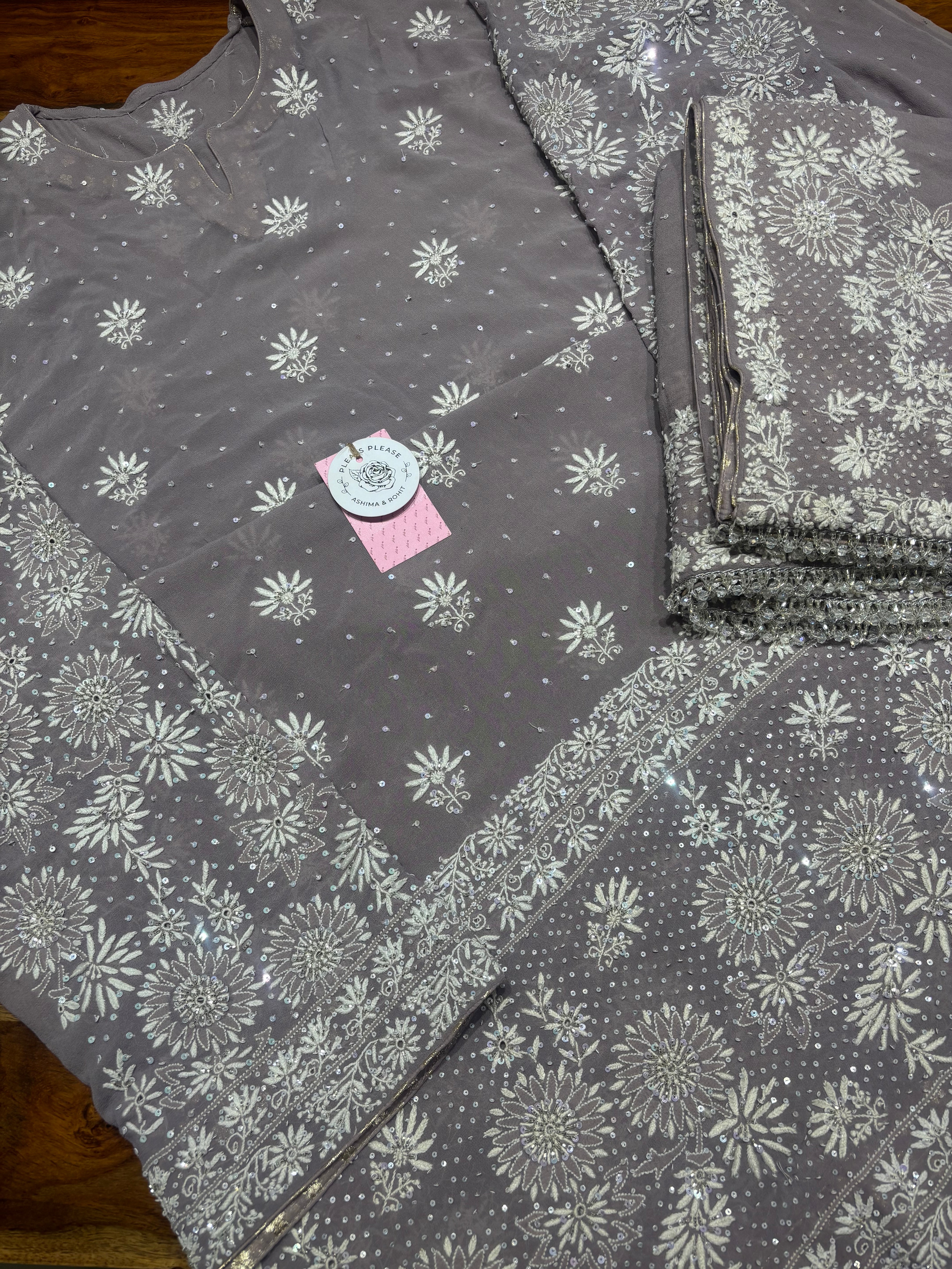 Ash Gray Pure & Premium Georgette Chikankari Kurta & Dupatta Fabric