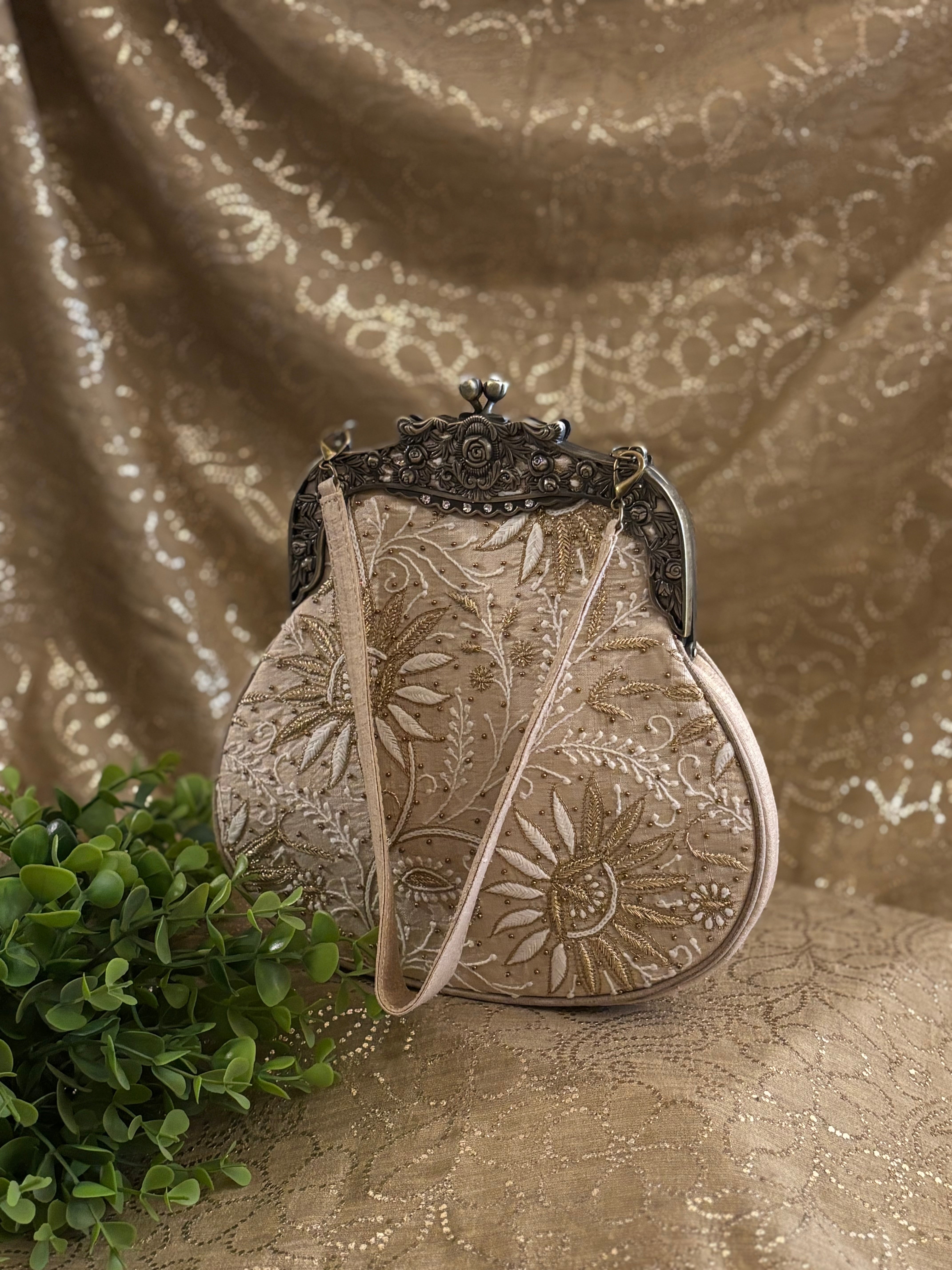 Beige Chikankari Clutch Bag