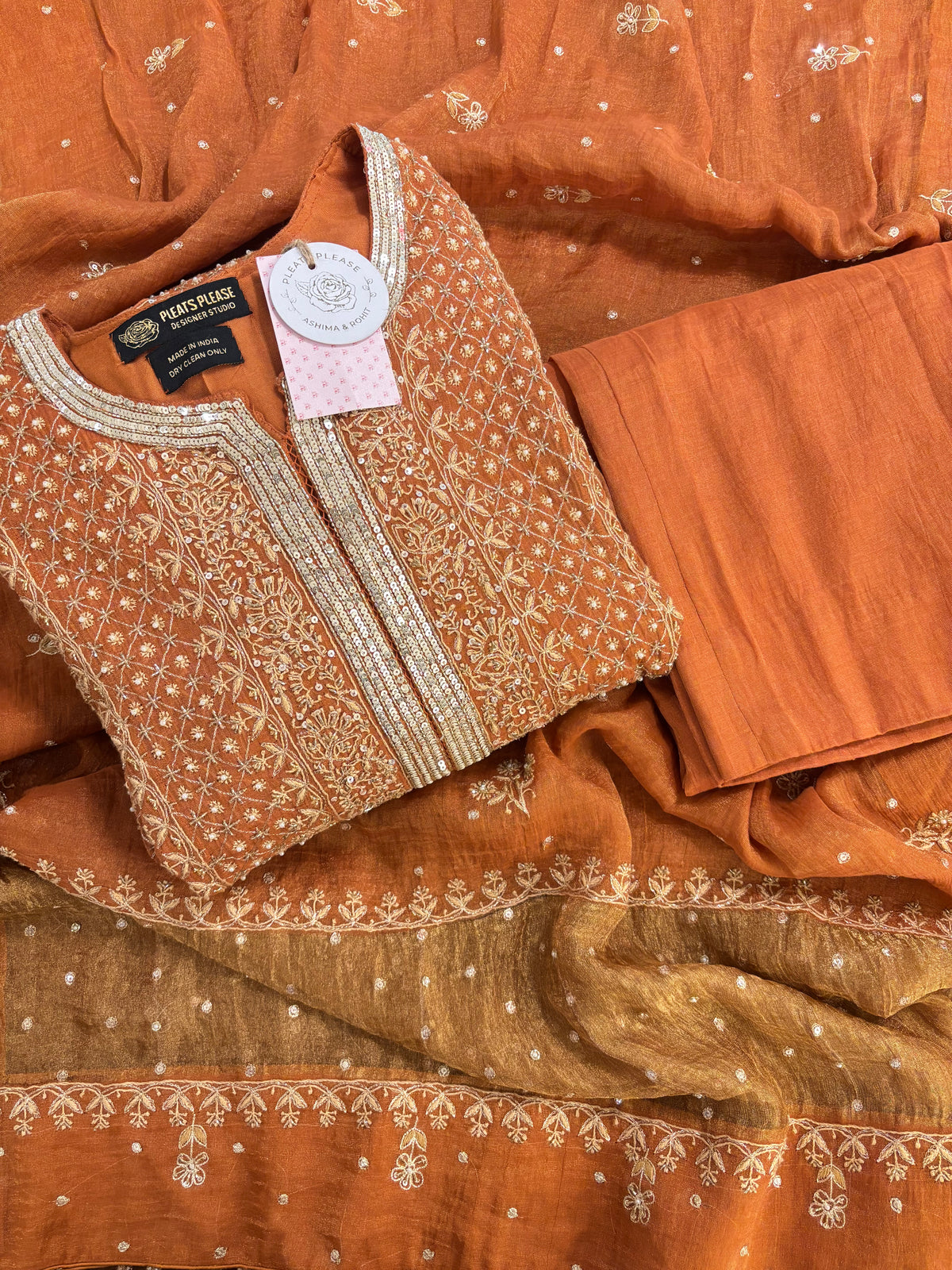 Burnt Orange Pure & Premium Tissue Chikankari Anarkali And Dupatta With Bottom