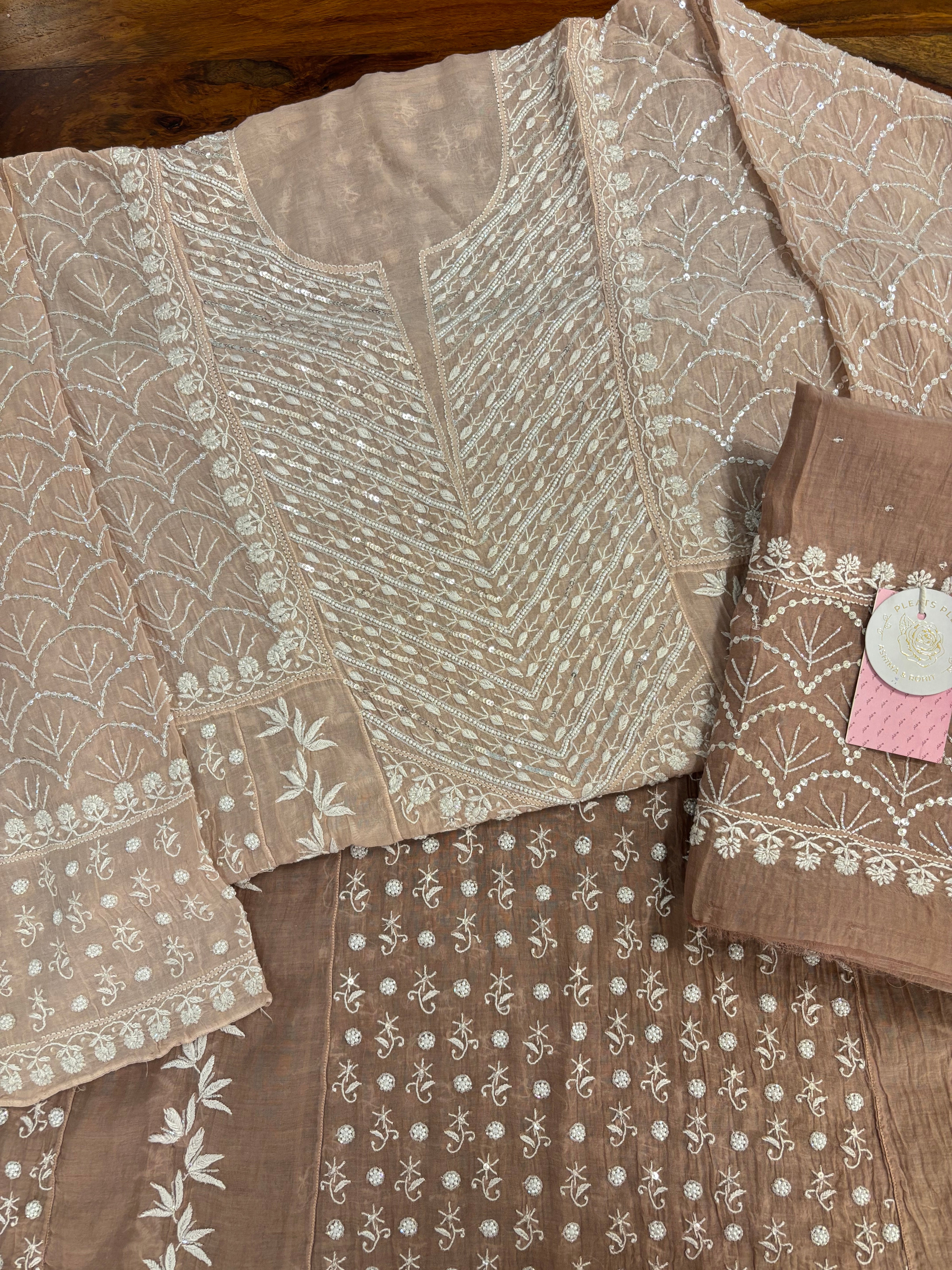 Rosewood Taupe Ombré Chanderi Mul Chikankari Anarkali & Dupatta Set