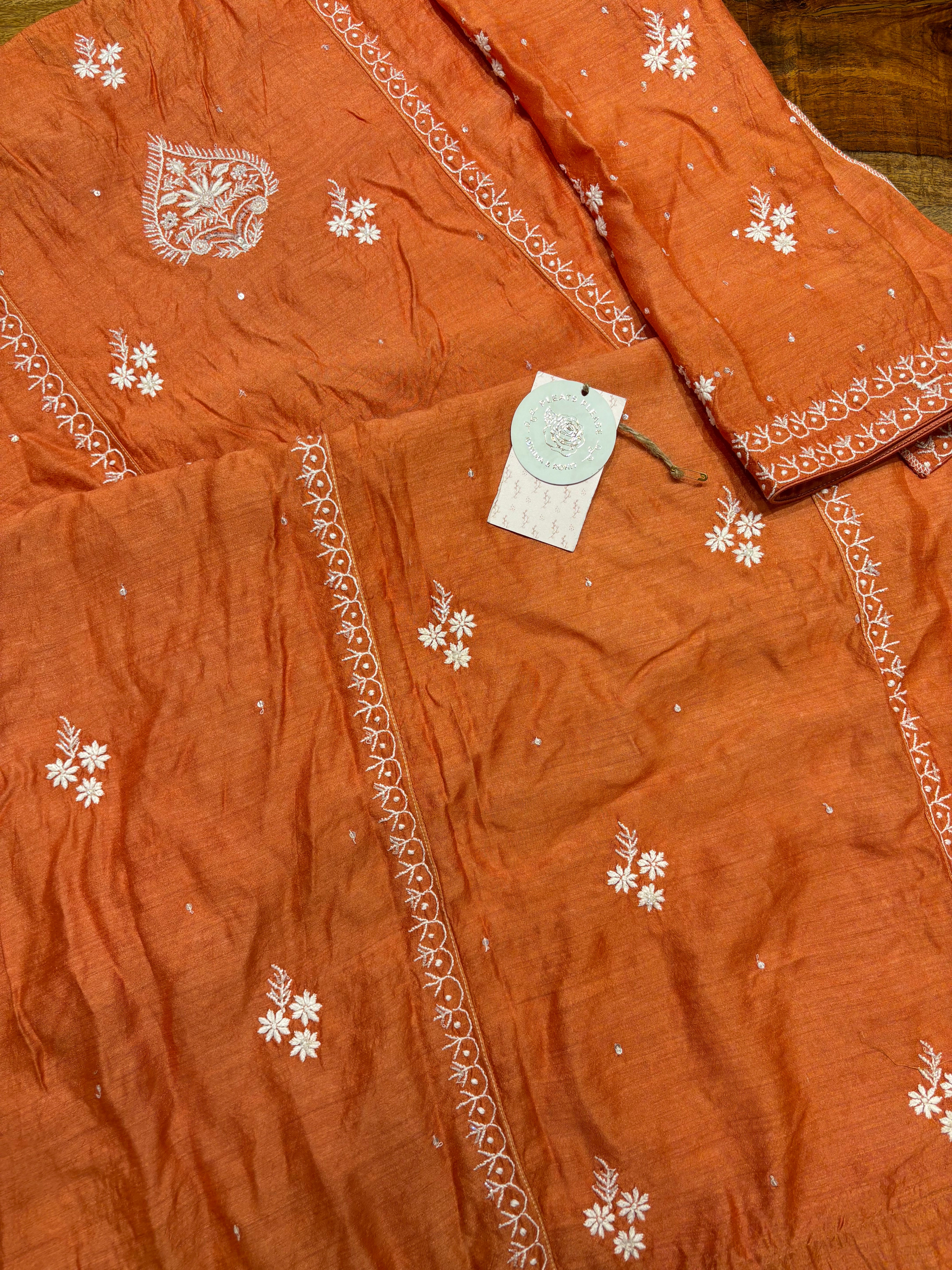 Burnt Orange Monga Silk Chikankari Kurta And Dupatta Set