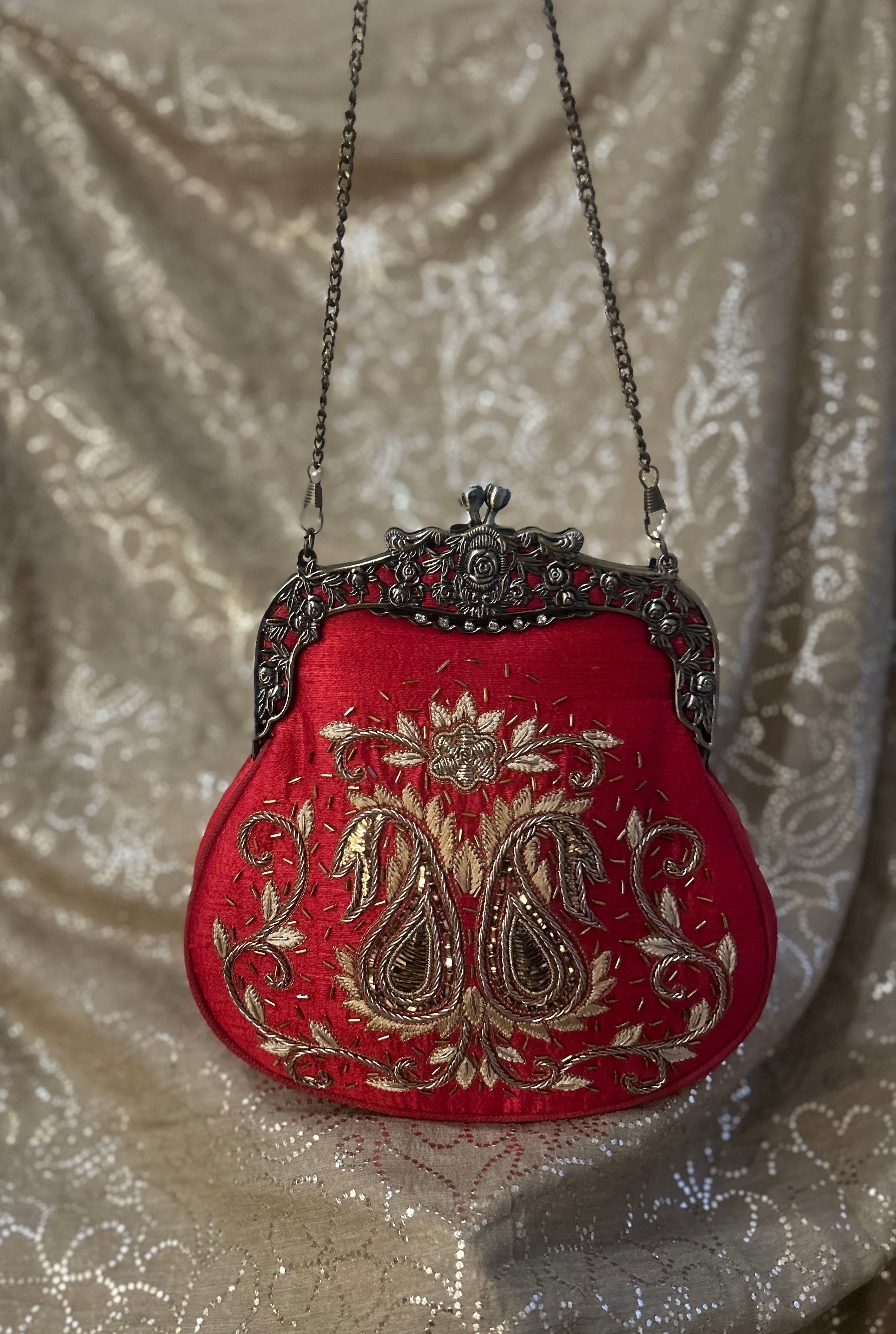 Red Zardozi Mukaish Chikankari Clutch Bag