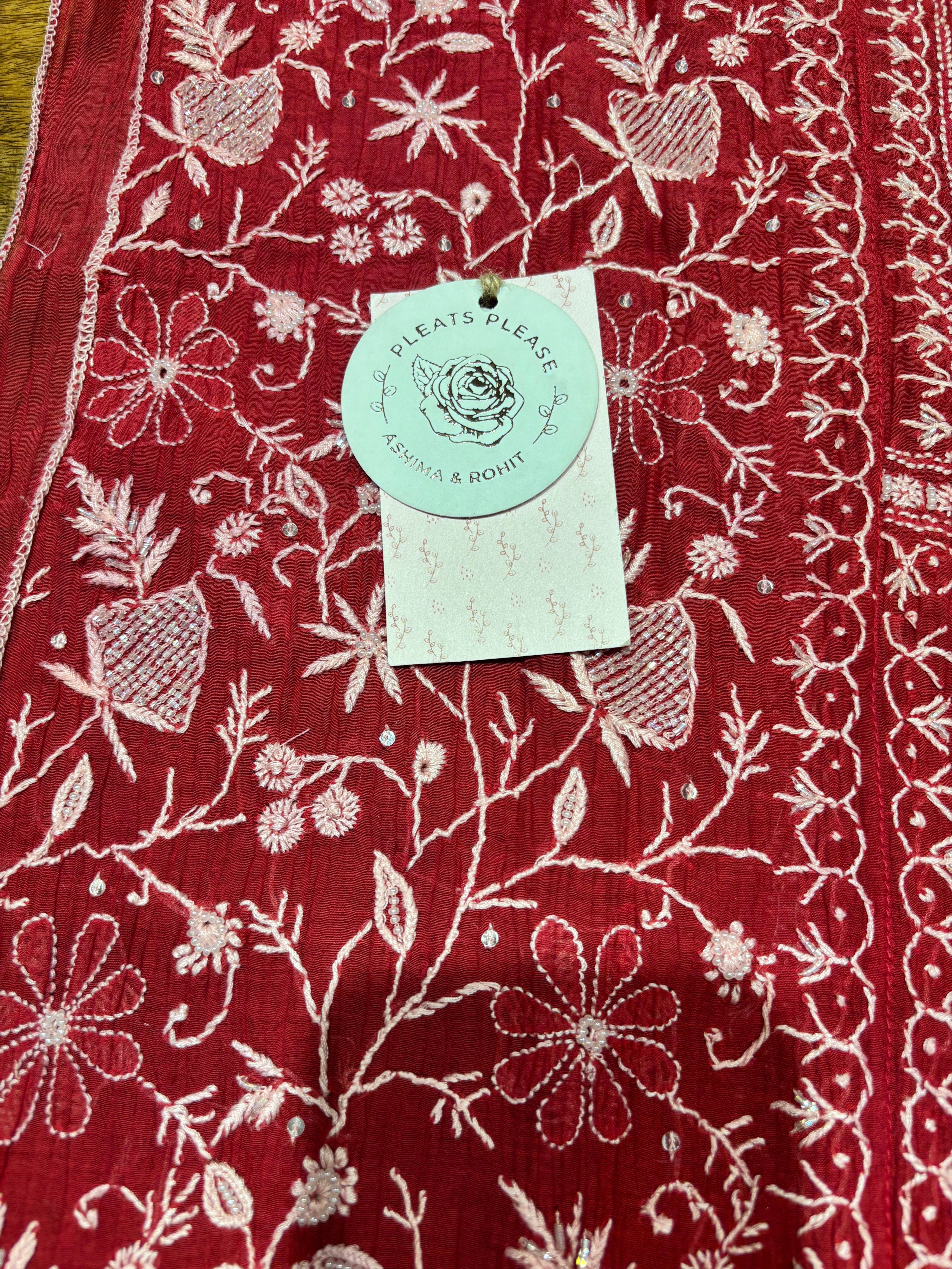 Red Chanderi Mul Chikankari Kurta & Dupatta Set