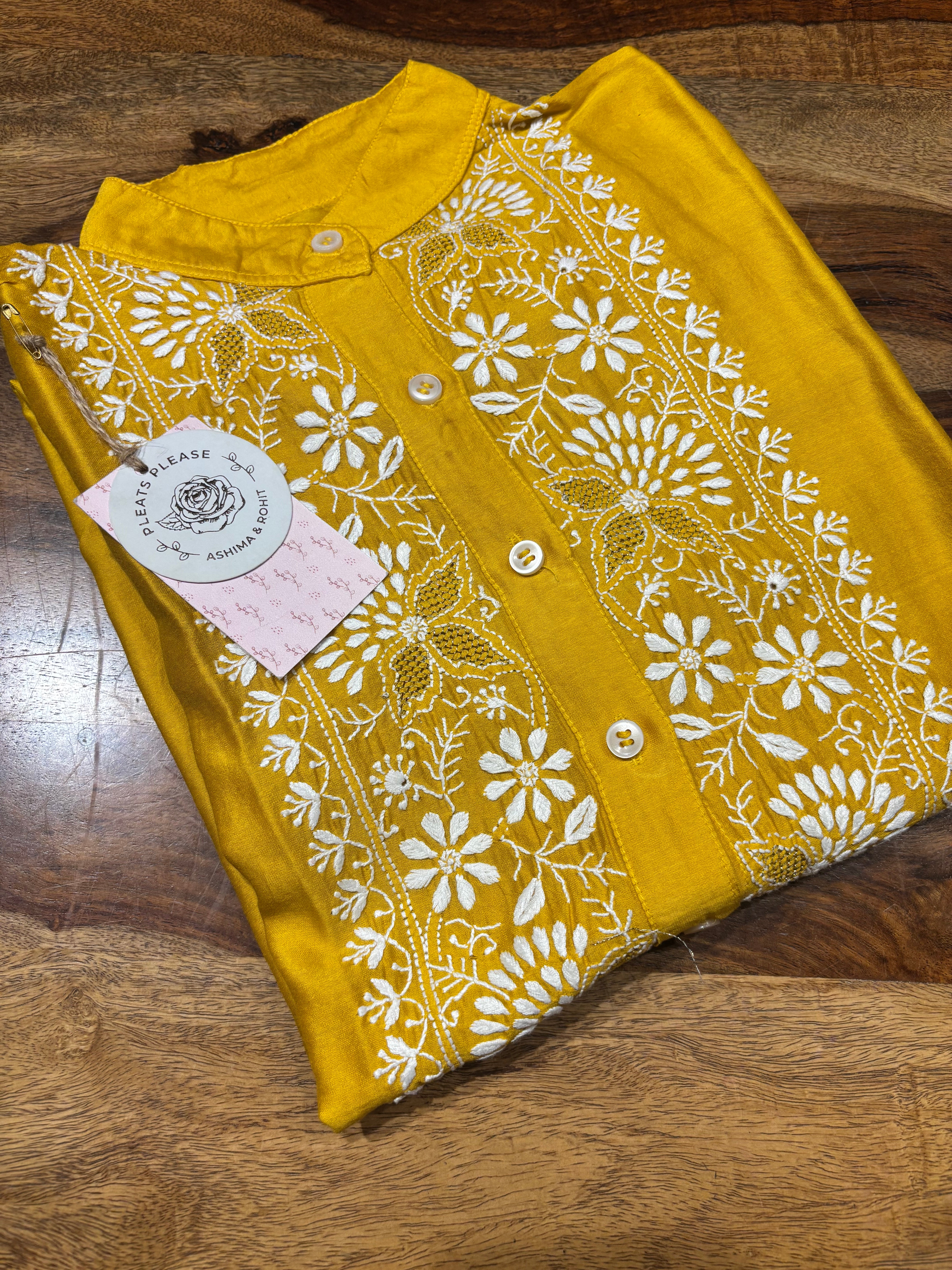 Mustard Chanderi Silk Chikankari Shirt