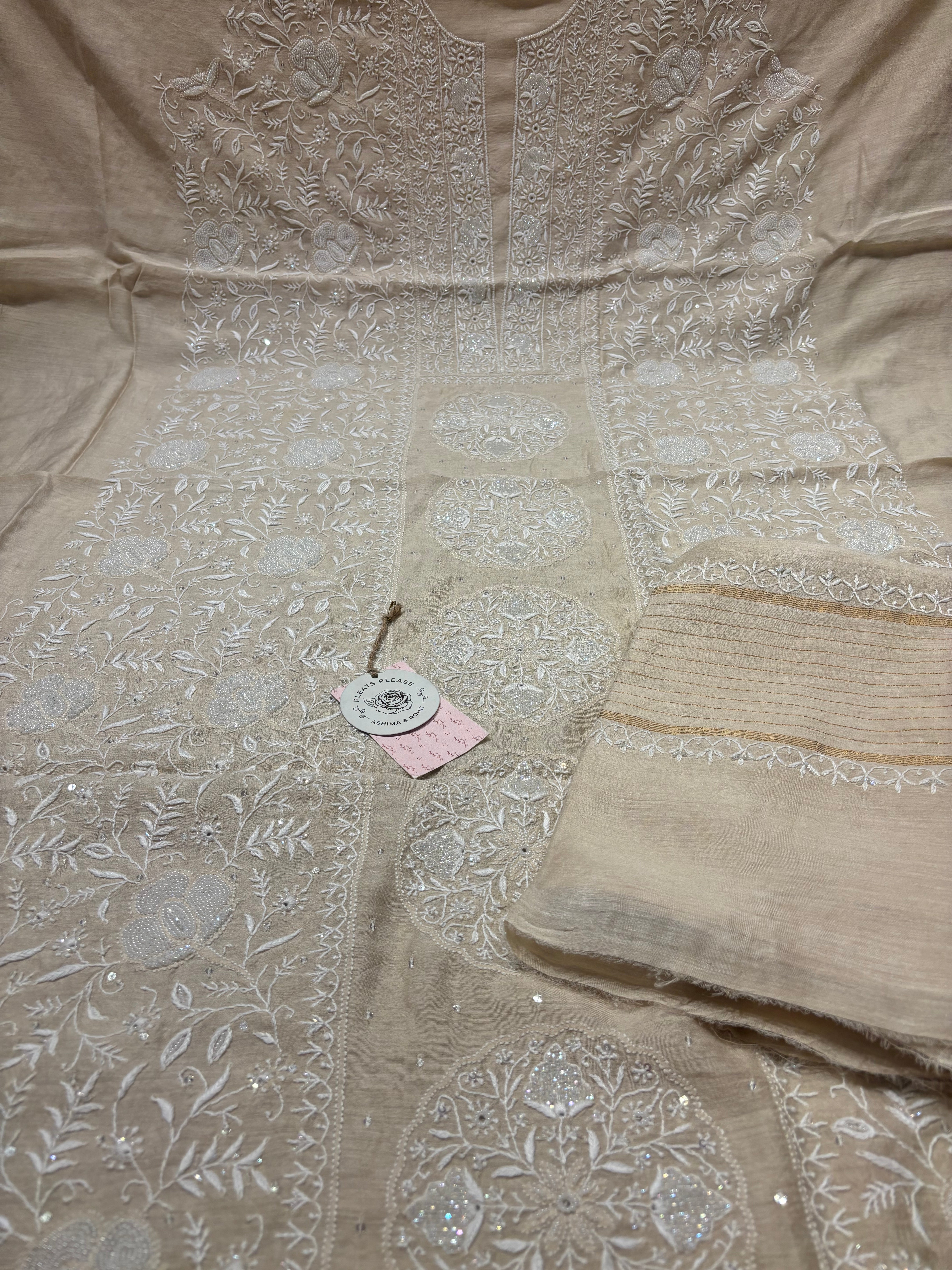 Dyeable monga Silk Chikankari Kurta and Dupatta Fabric