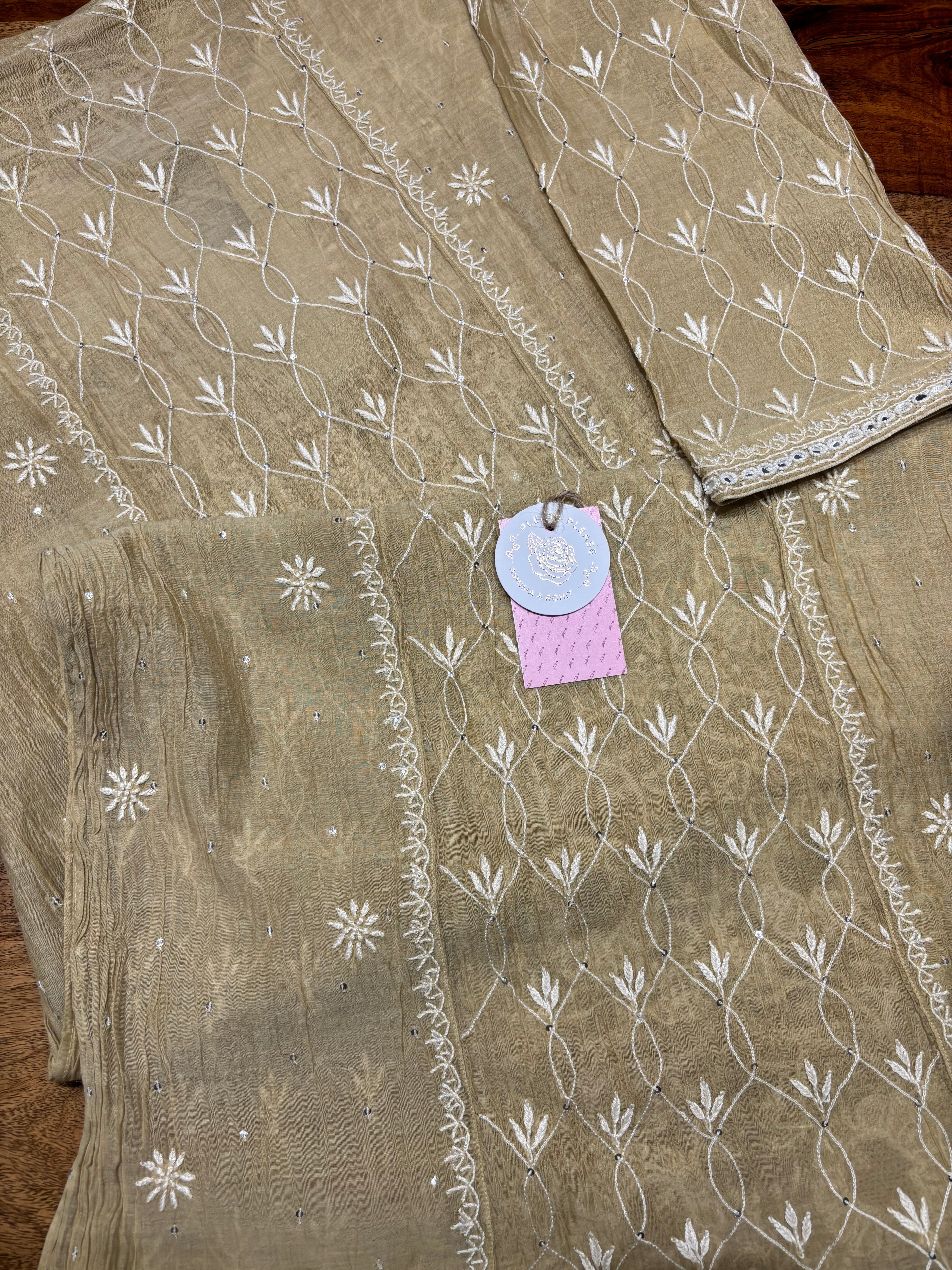 Mustard Gold Chanderi Mul Chikankari kurta and Dupatta Set