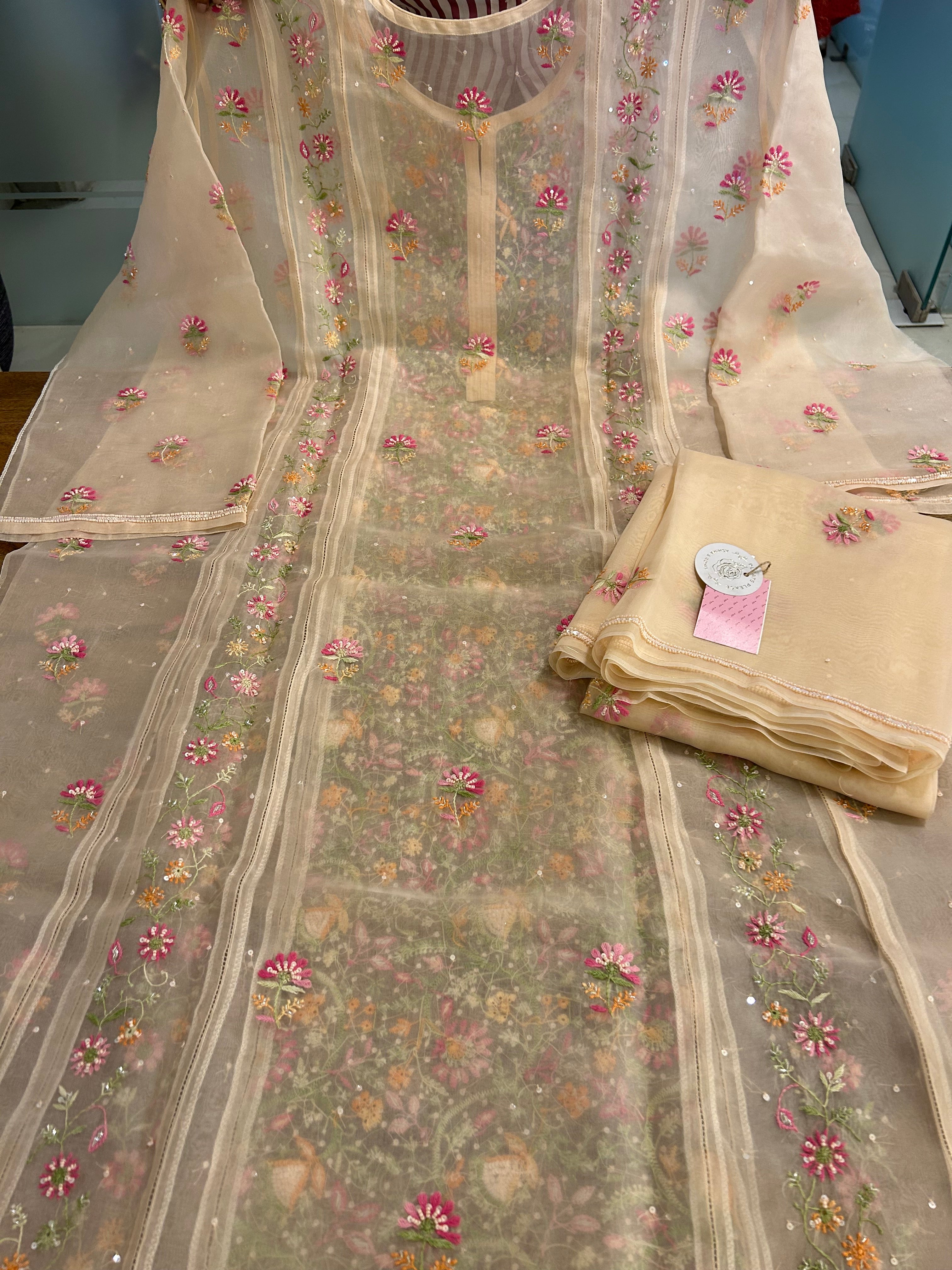 Blush Cream Pure Organza Chikankari Kurta & Dupatta