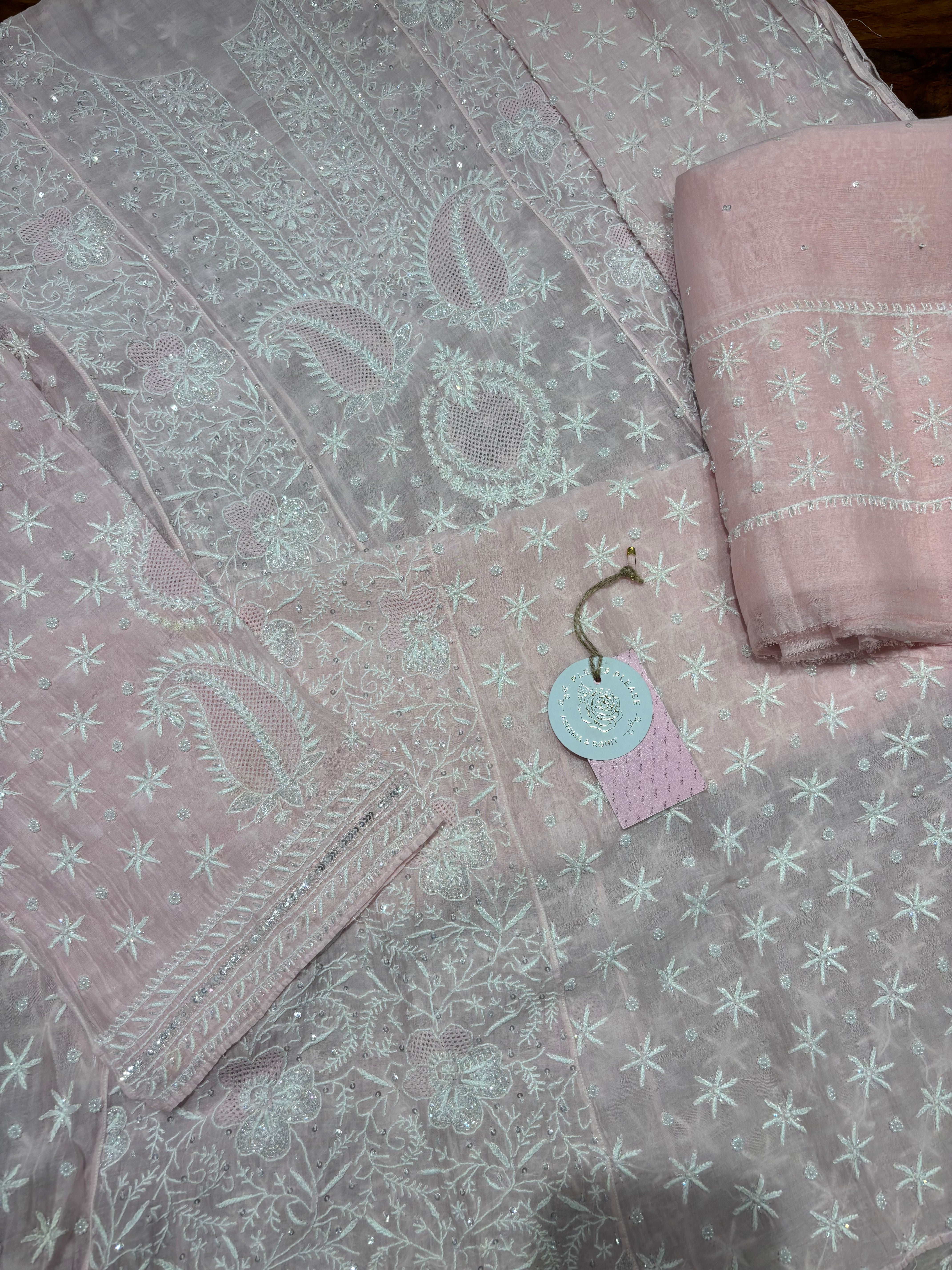 Soft pink Chanderi Mul Chikankari Anarkali and Dupatta Set