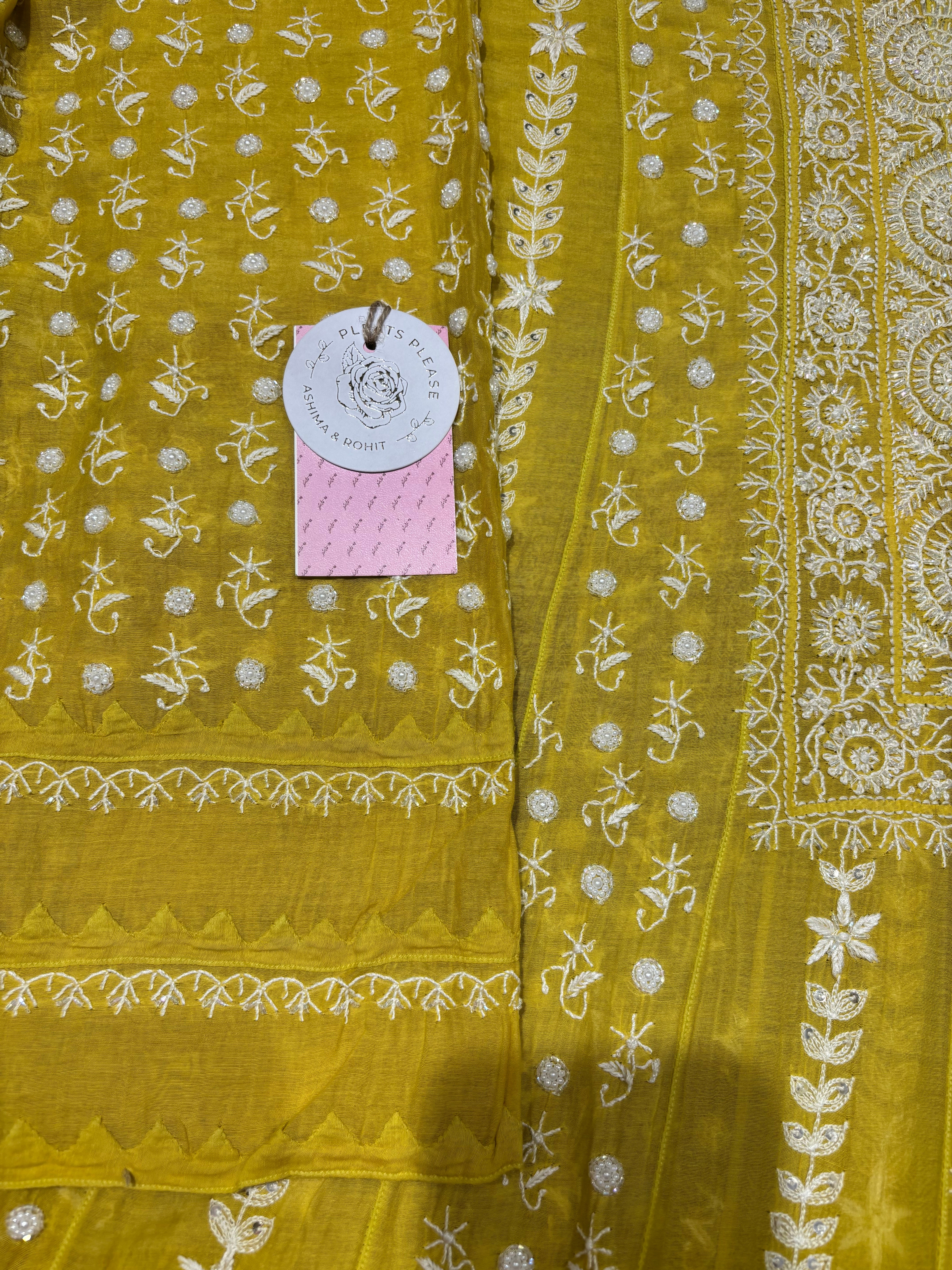 Lime Yellow Chanderi Mul Chikankari Anarkali & Dupatta Set