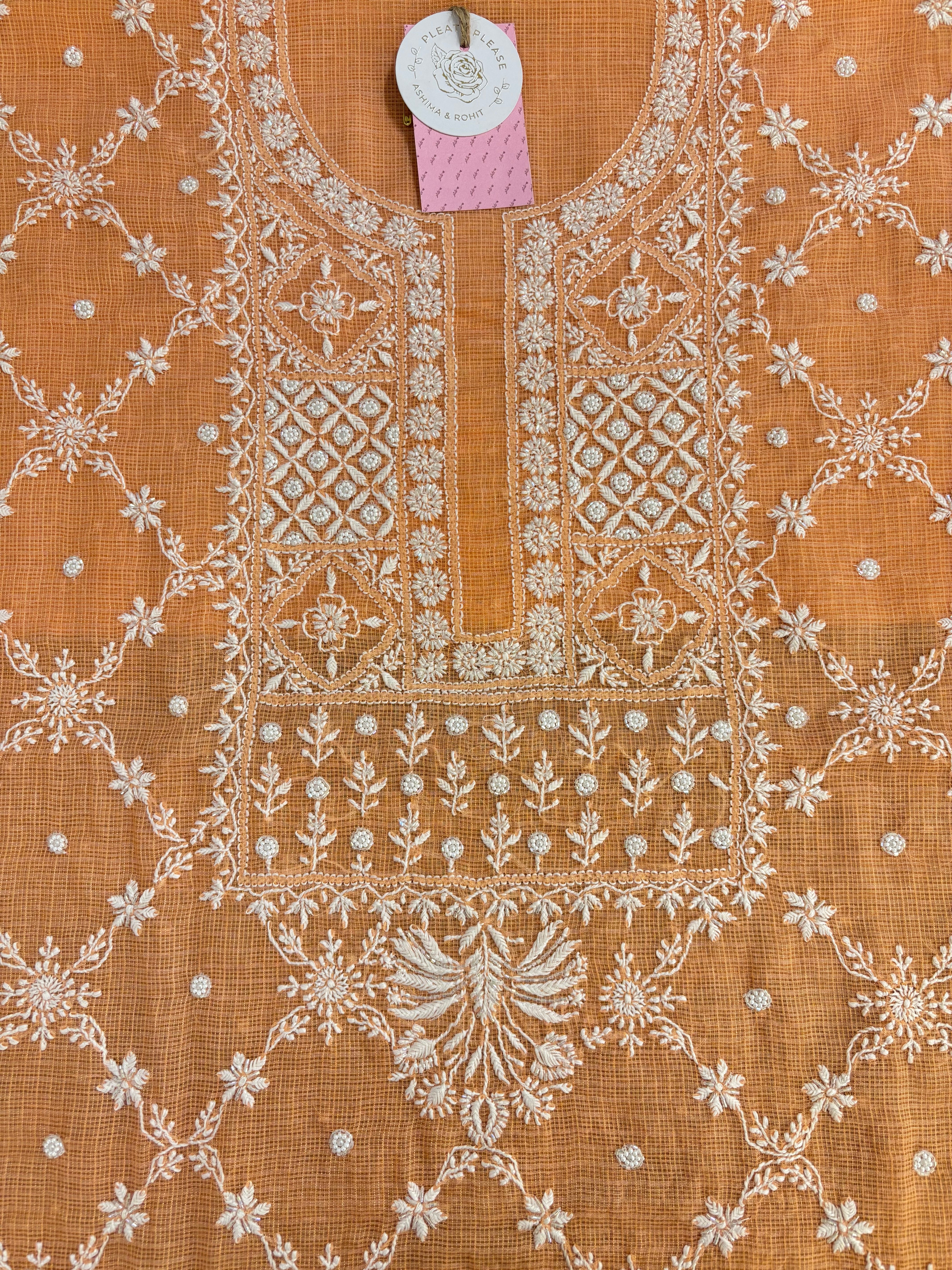 Peach Kota Doria Chikankari Kurta & Dupatta