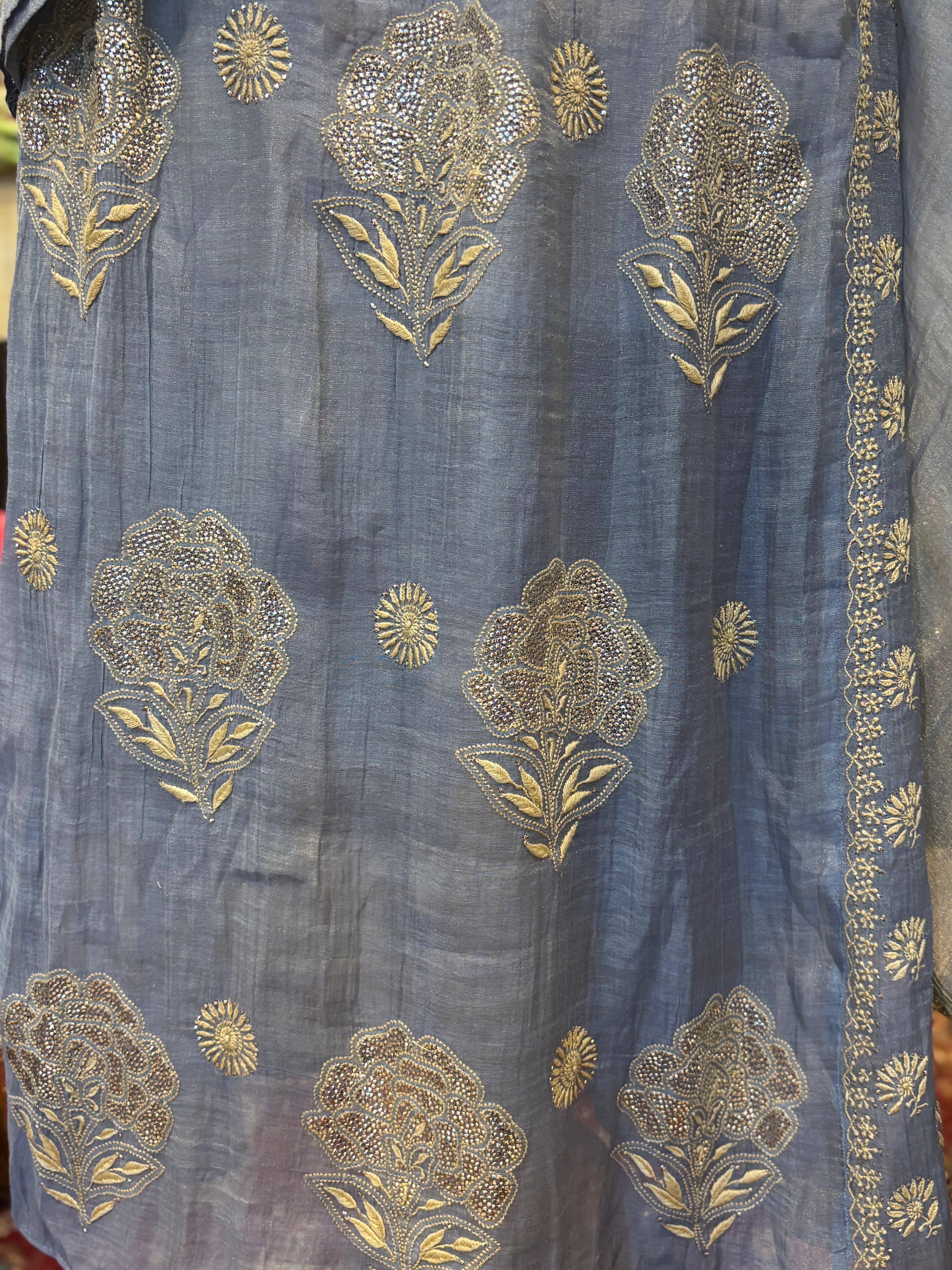 Blue Pure and Premium Tissue Chikankari & Mukaish Angrakha Kurta and Dupatta Set