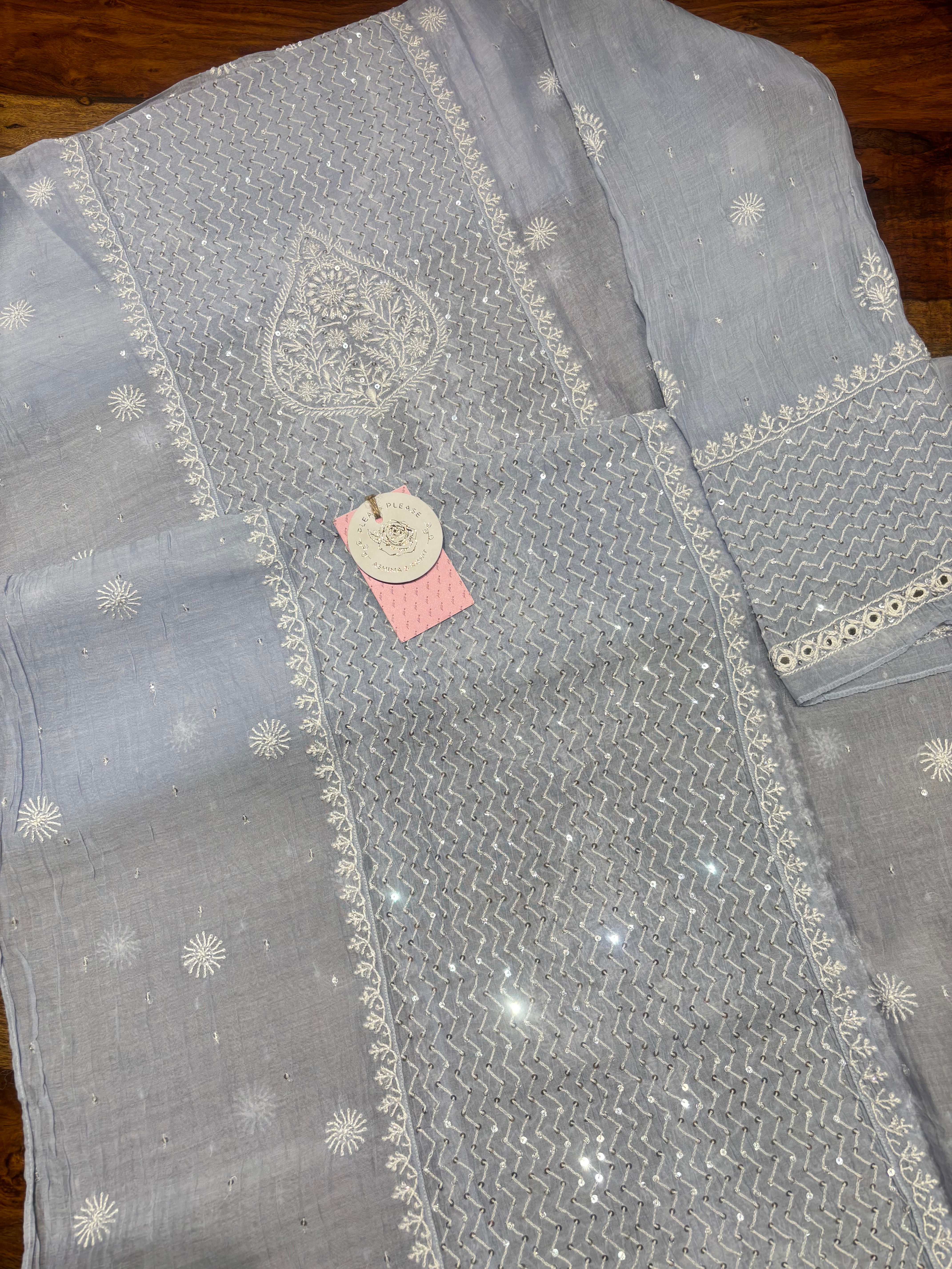 Powder Blue Chanderi Mul Chikankari Kurta & Dupatta Set