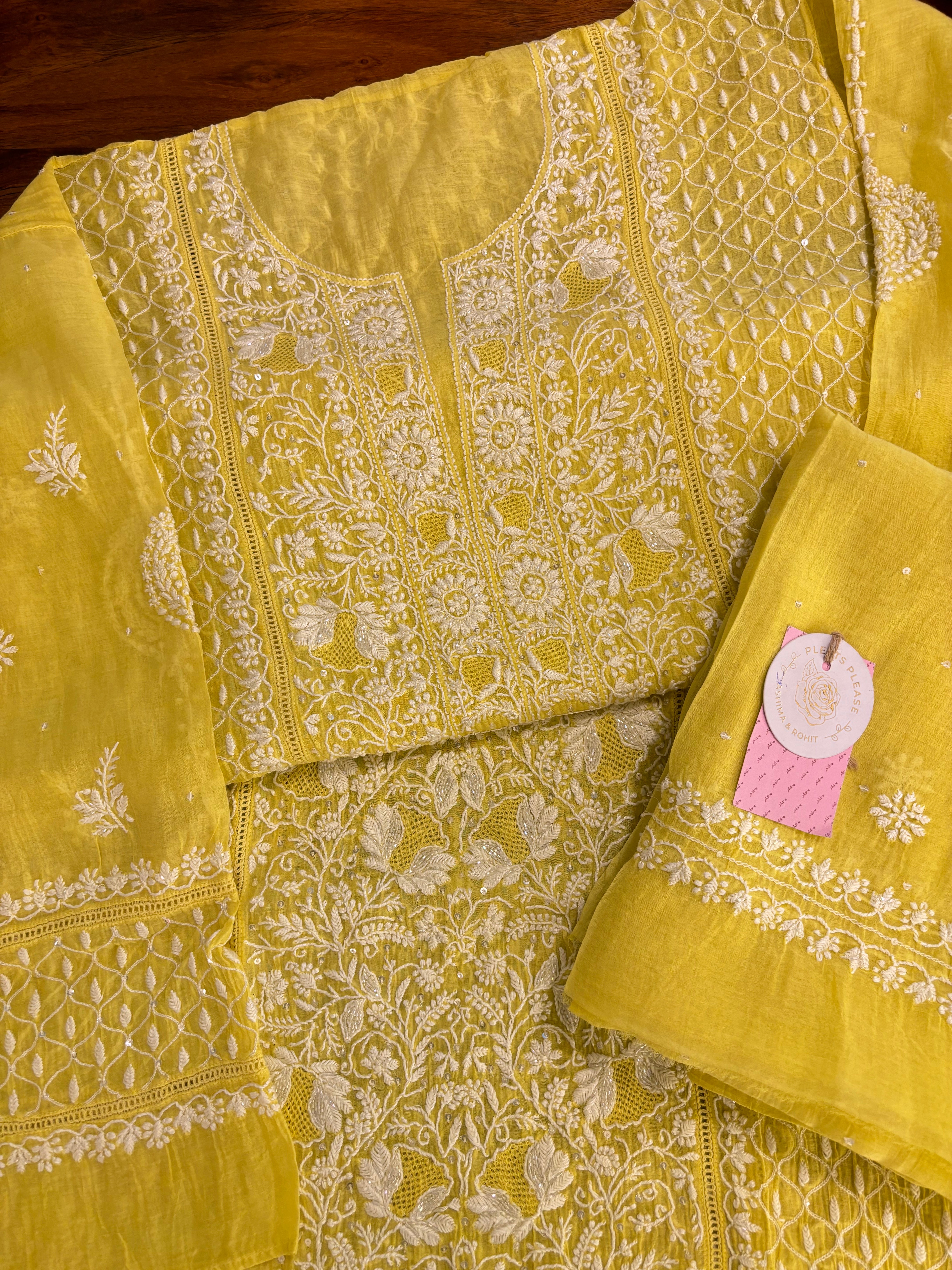 Lemon Yellow Chanderi Chikankari Kurta & Dupatta