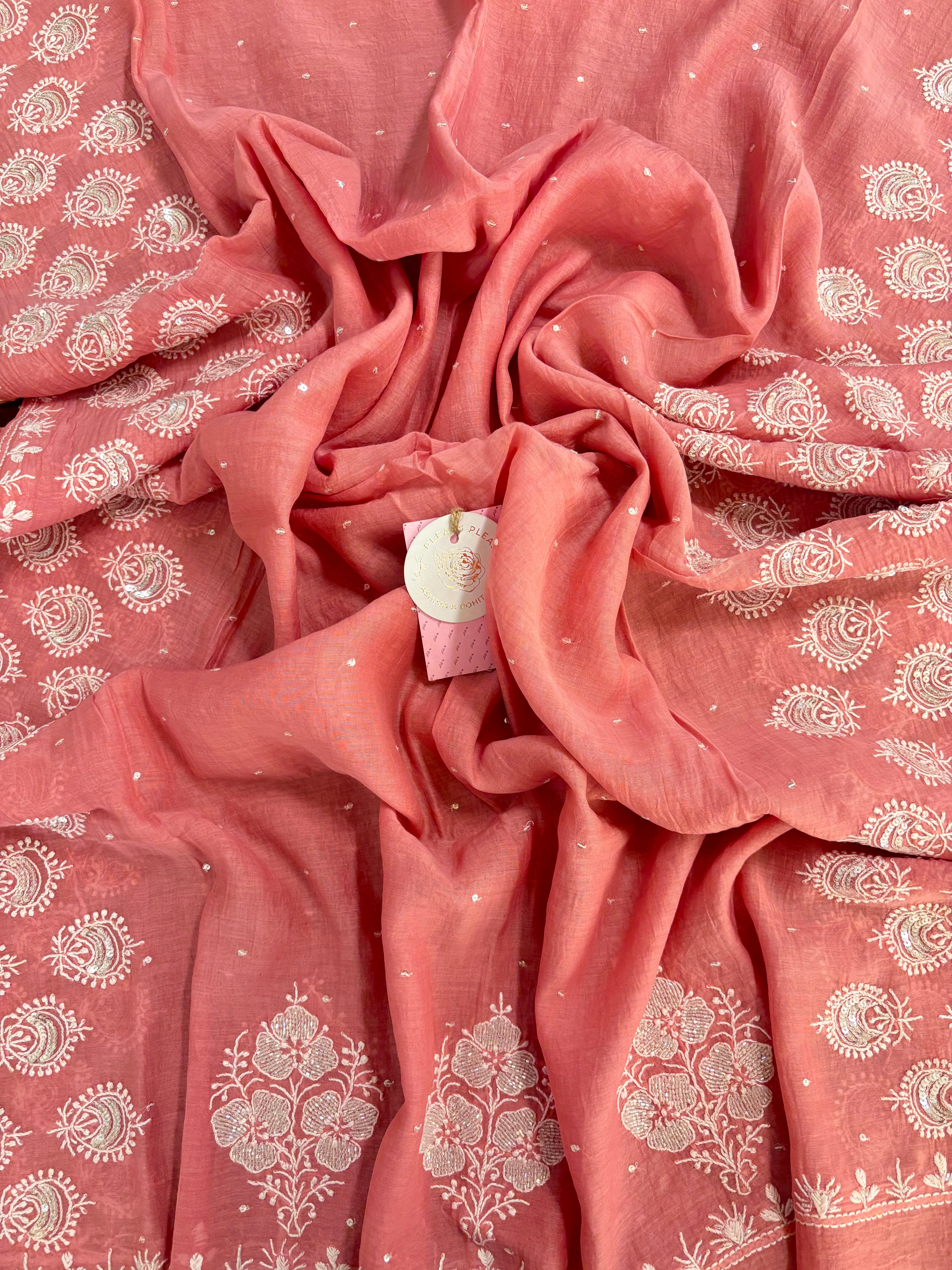 Peach Chanderi Mul Chikankari Kurta & Dupatta