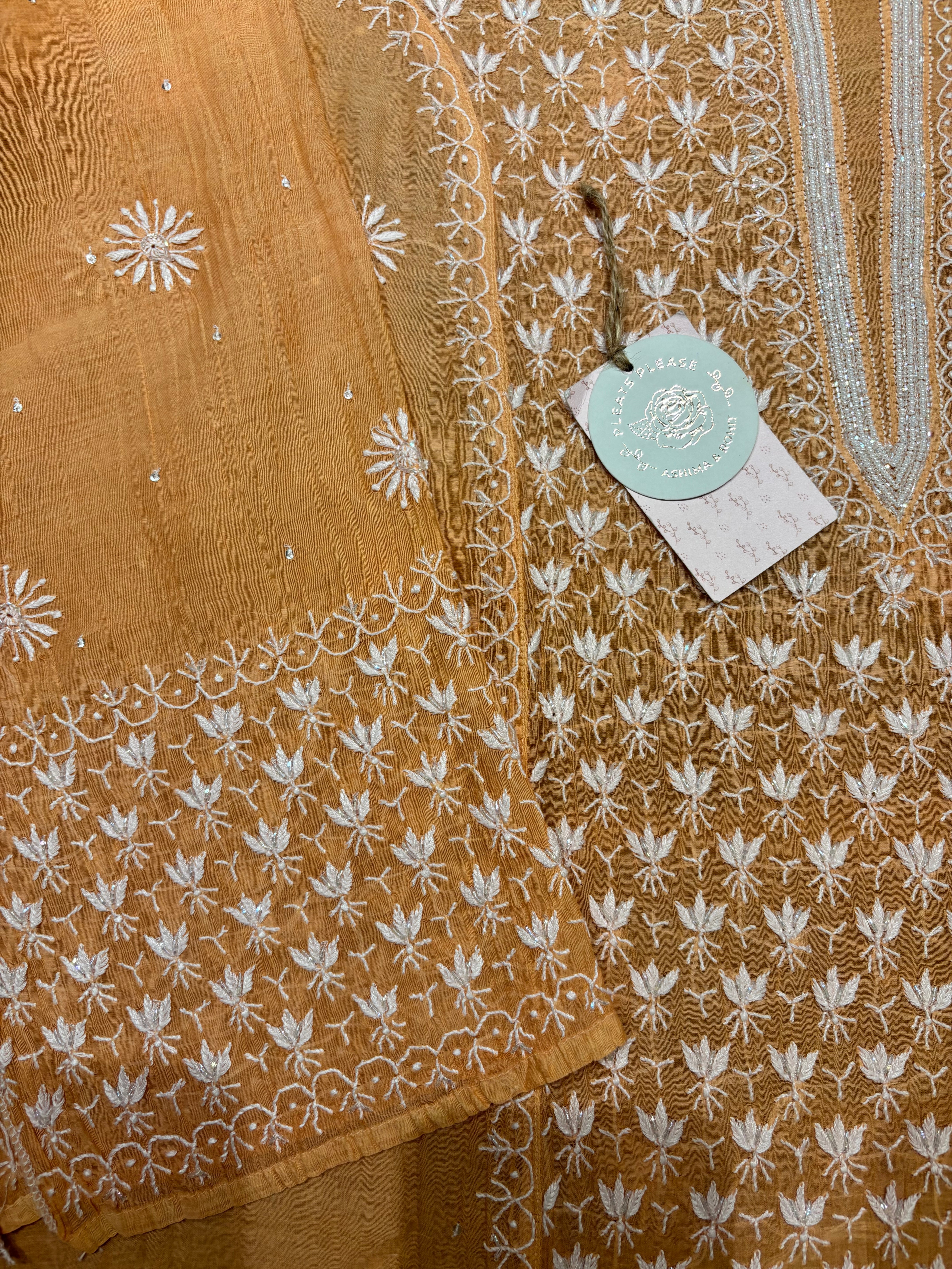 Peach Chanderi Mul Chikankari Kurta and Dupatta Set