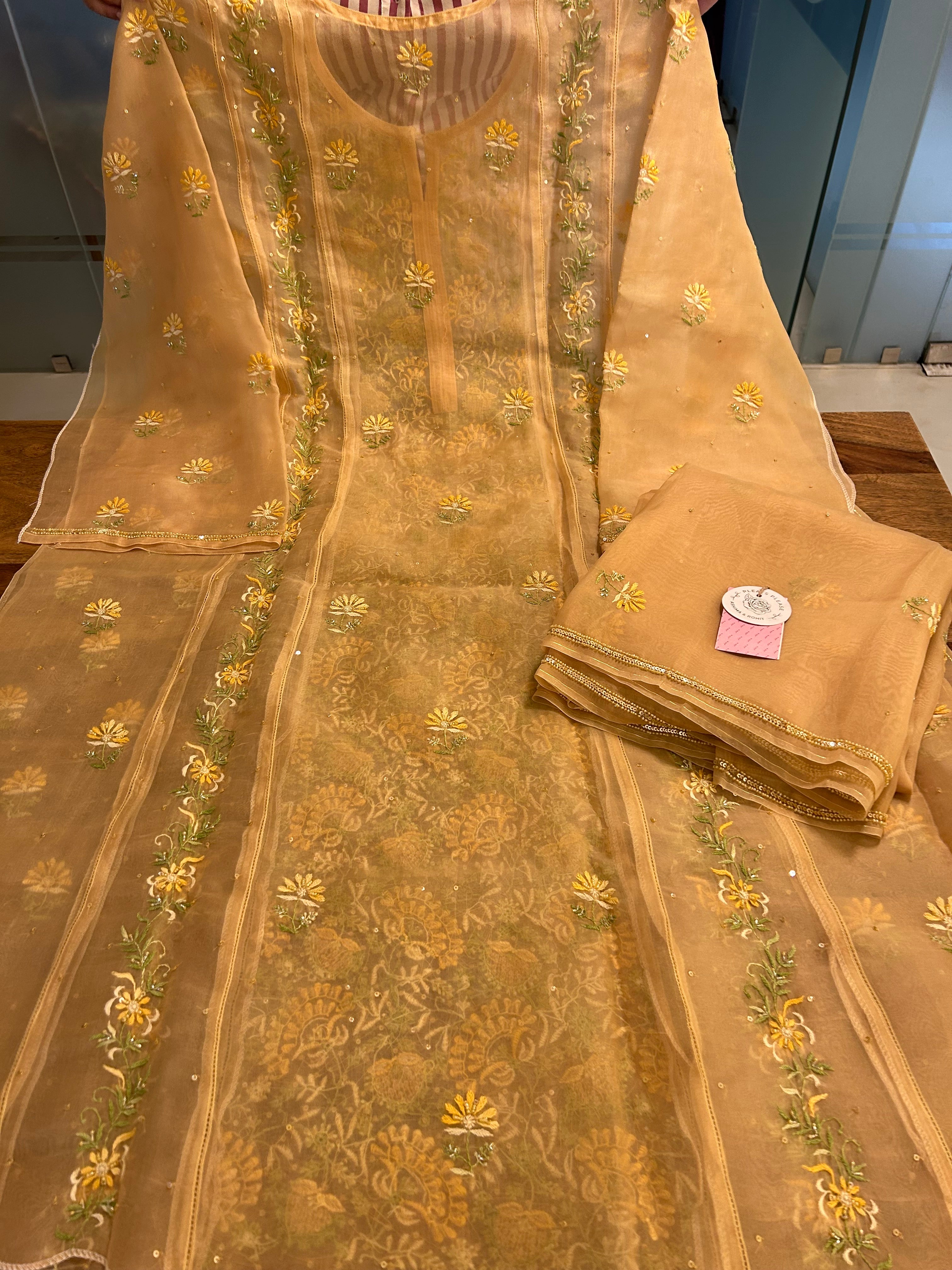 Golden Pure Organza Chikankari Kurta & Dupatta