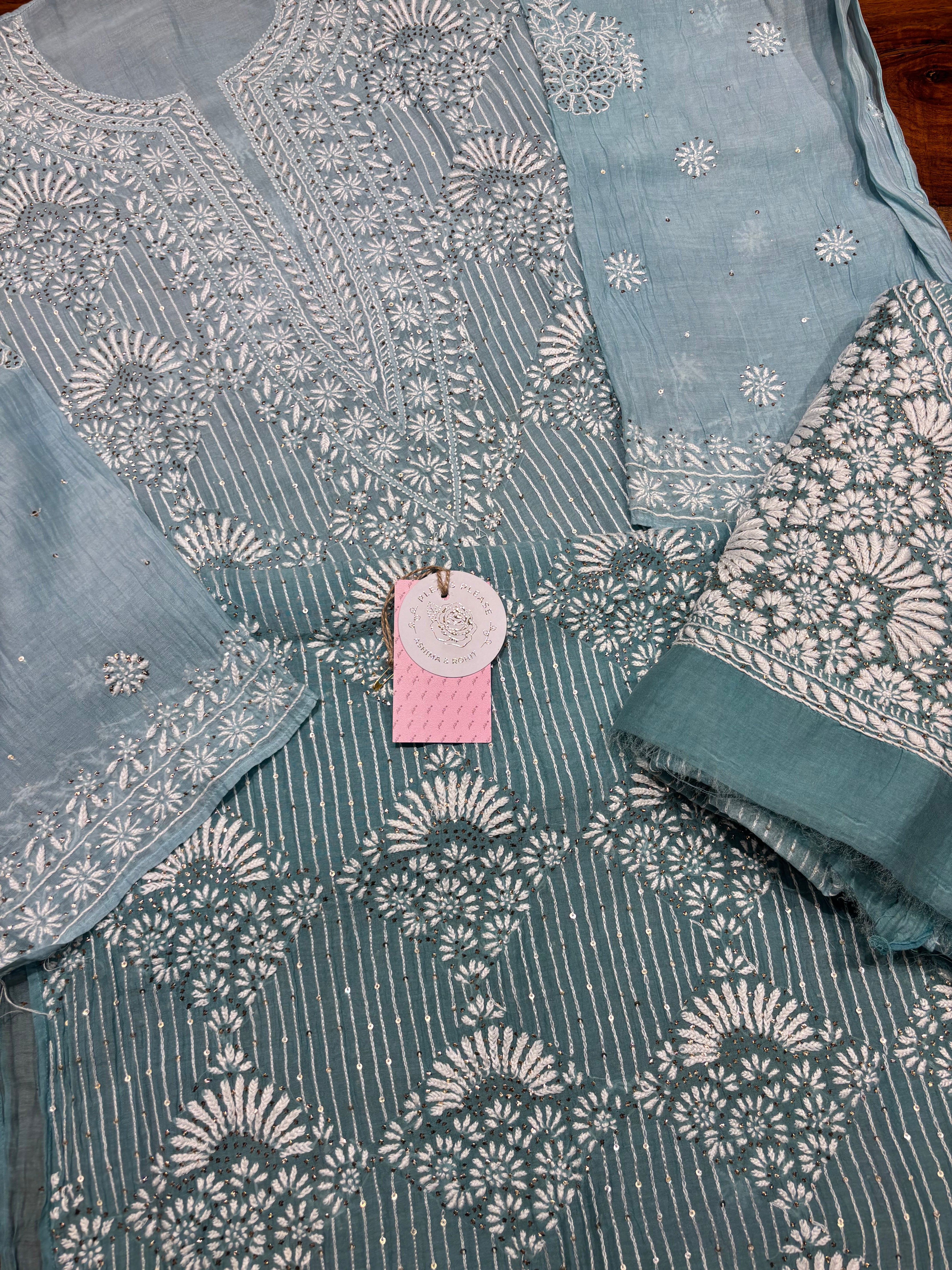 Sea foam Ombre Chanderi Mul Chikankari & Mukaish Kurta and Dupatta Set
