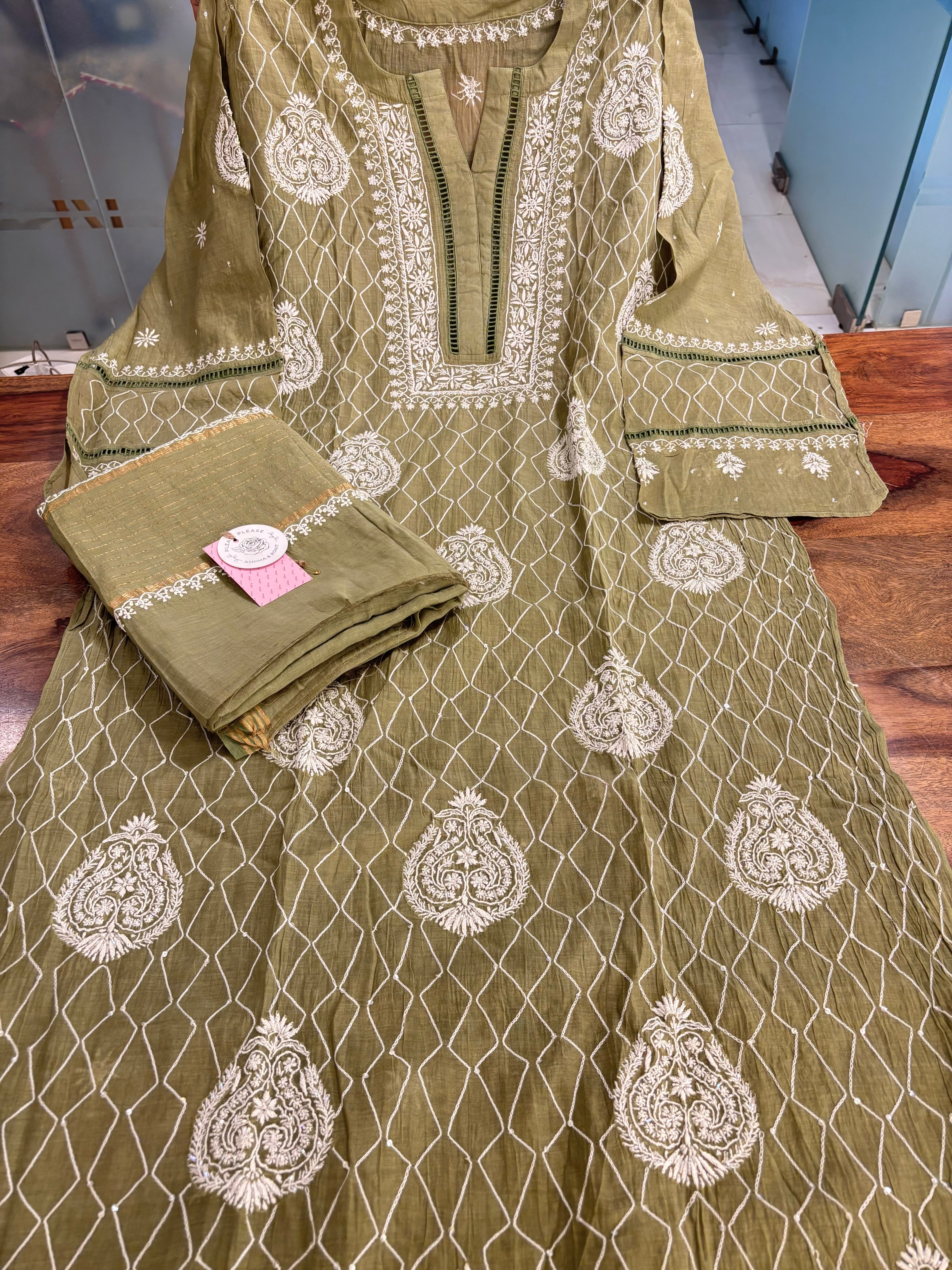 Olive Green Chanderi Mul Chikankari Kurta & Dupatta