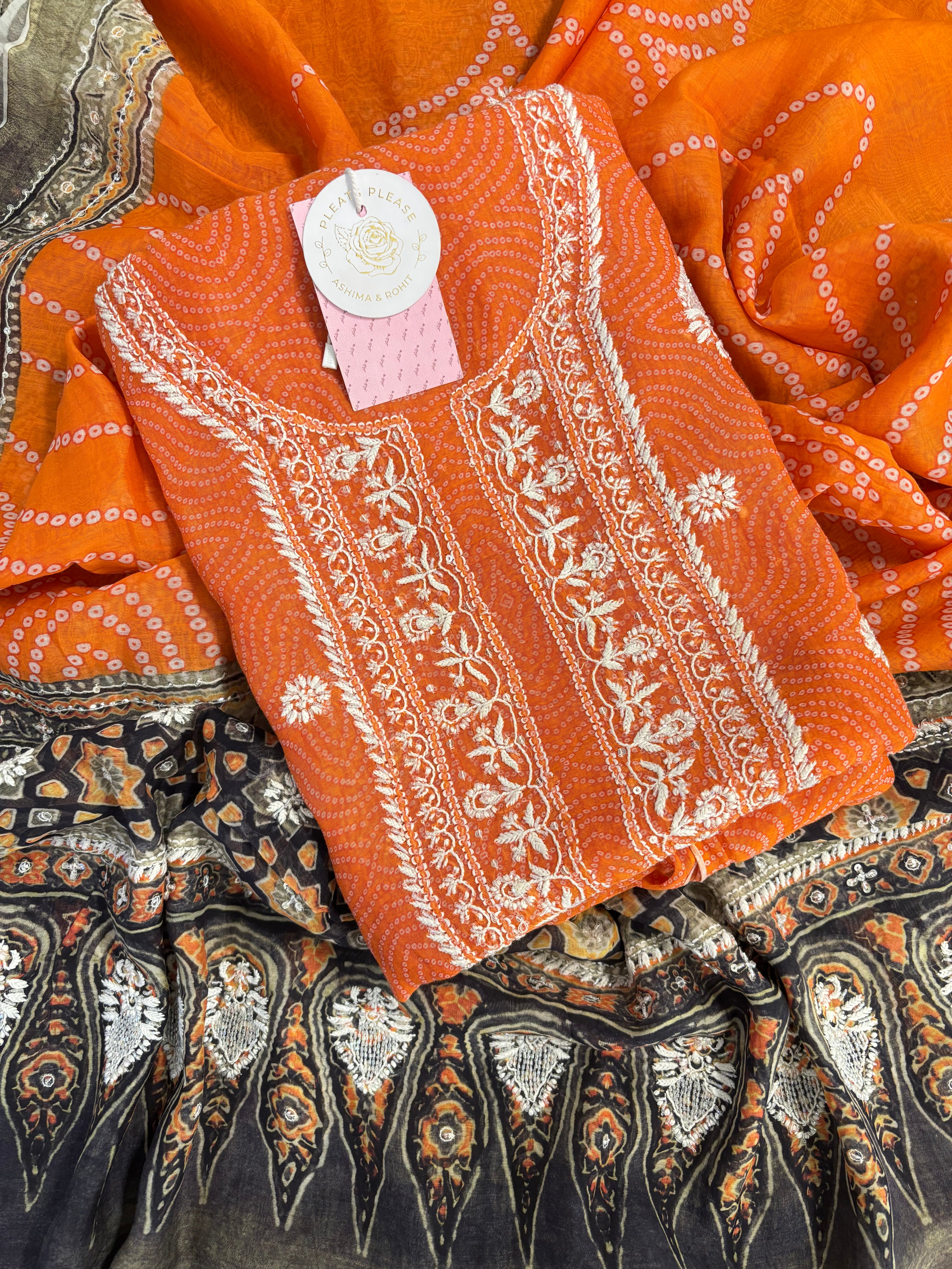 Orange Chanderi Bandhej Chikankari Kurta & Dupatta