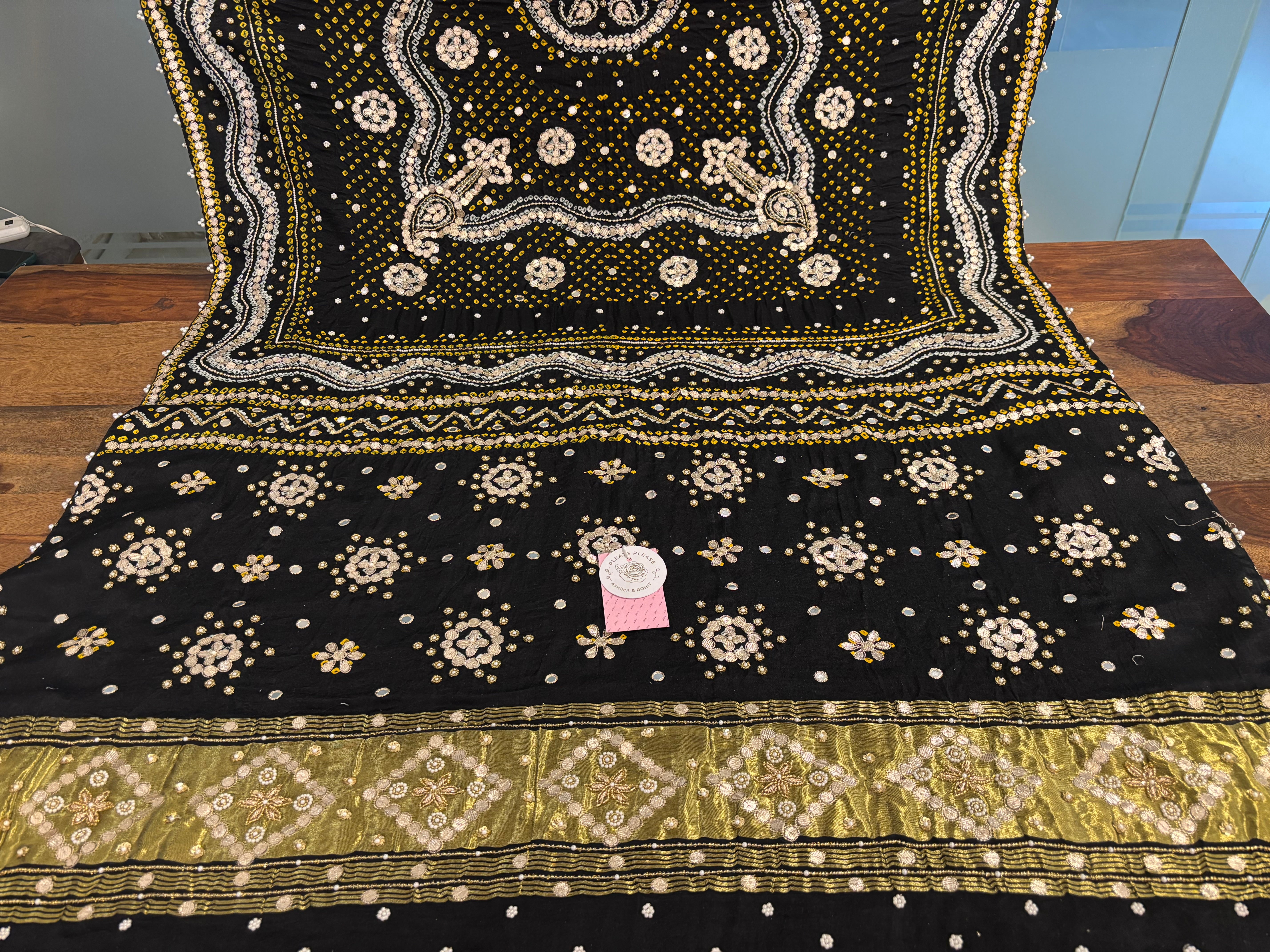Black Gaji Silk Bandhej Zardozi & Gota Patti Dupatta