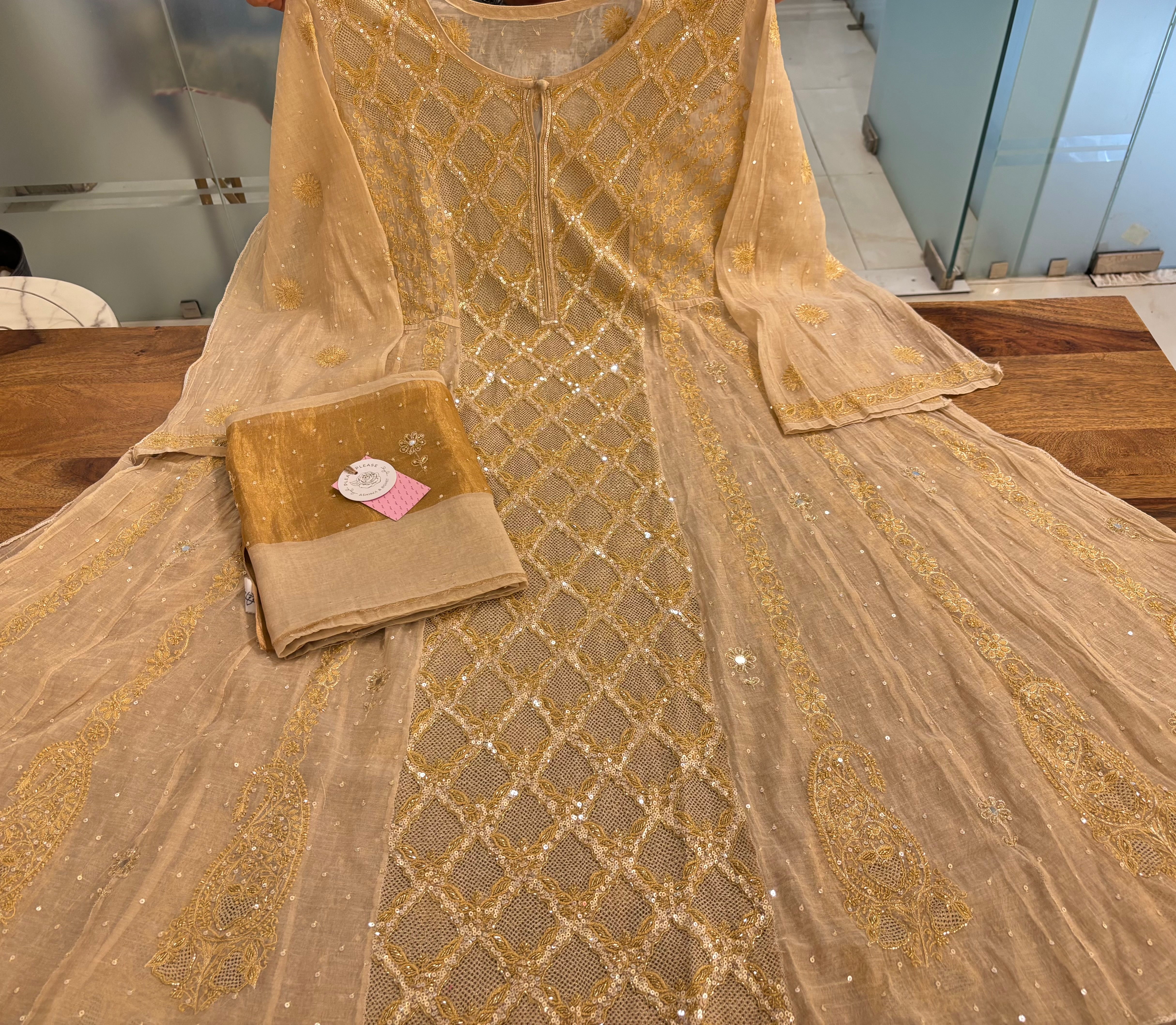 Dyeable Pure & Premium Tissue Chikankari Jaal Anarkali & Dupatta