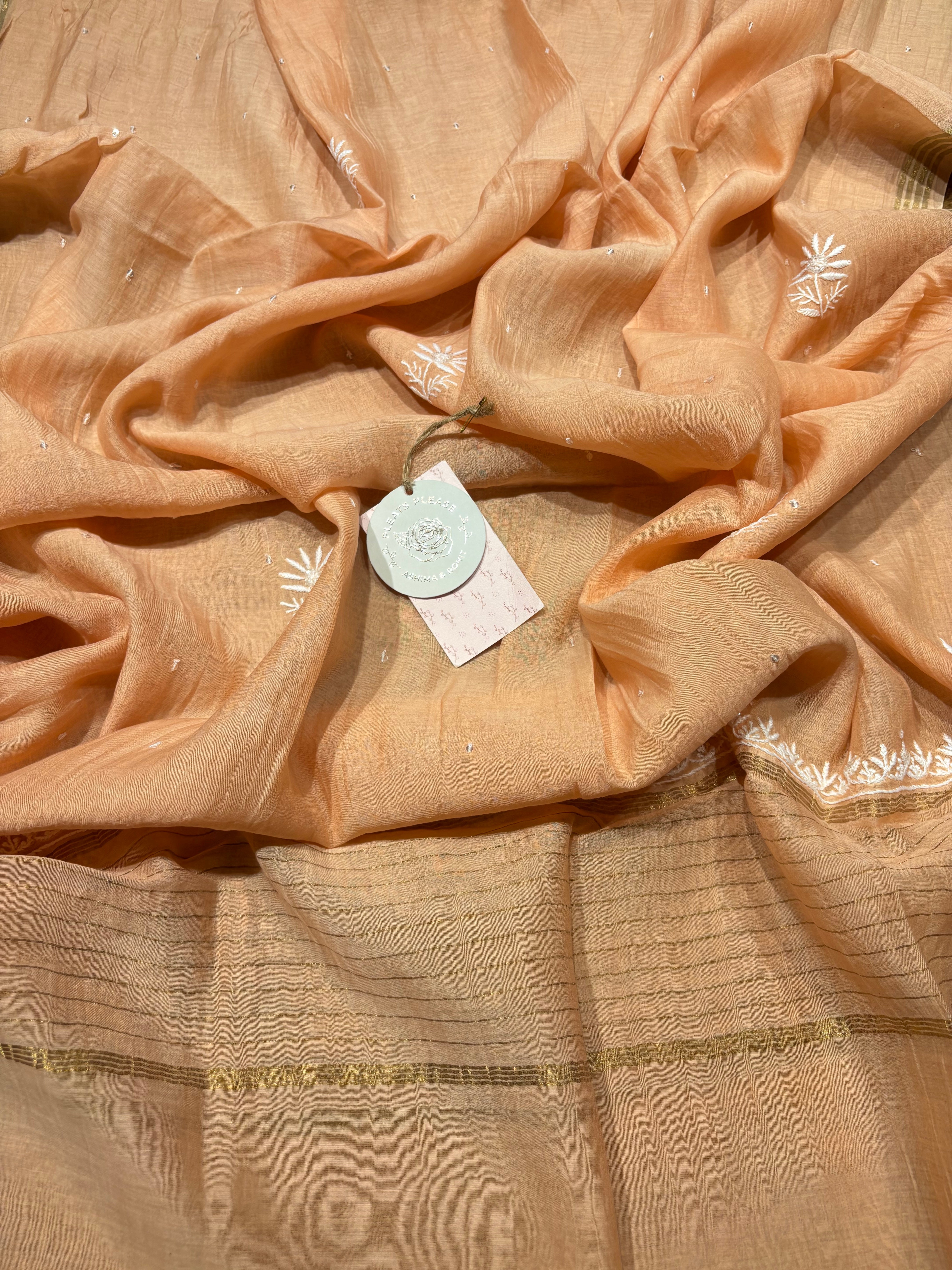 Peach Chanderi Mul Chikankari Anarkali And Dupatta Set