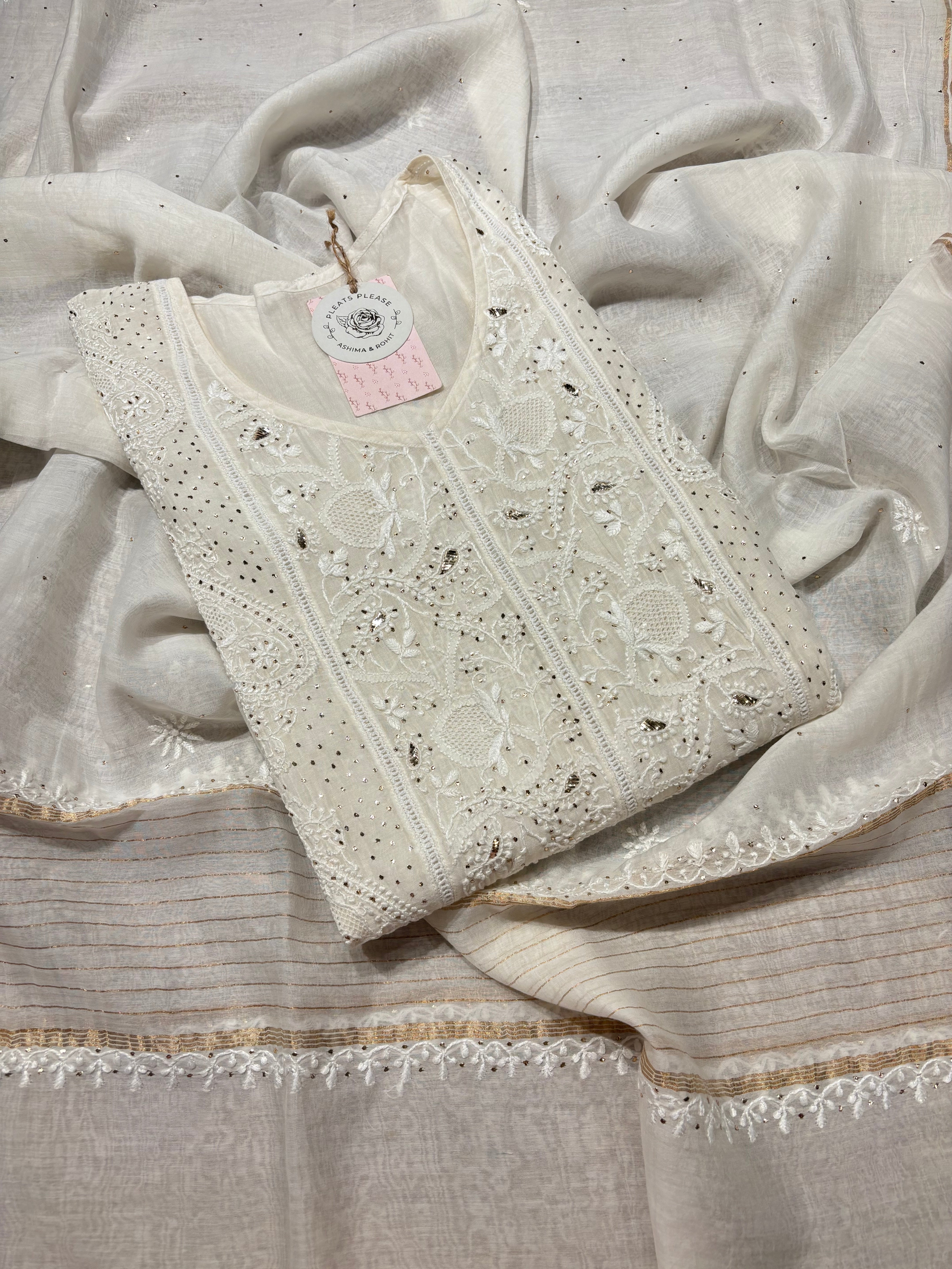 Dyeable Chanderi Mul Chikankari & Mukaish Kurta & Dupatta Set