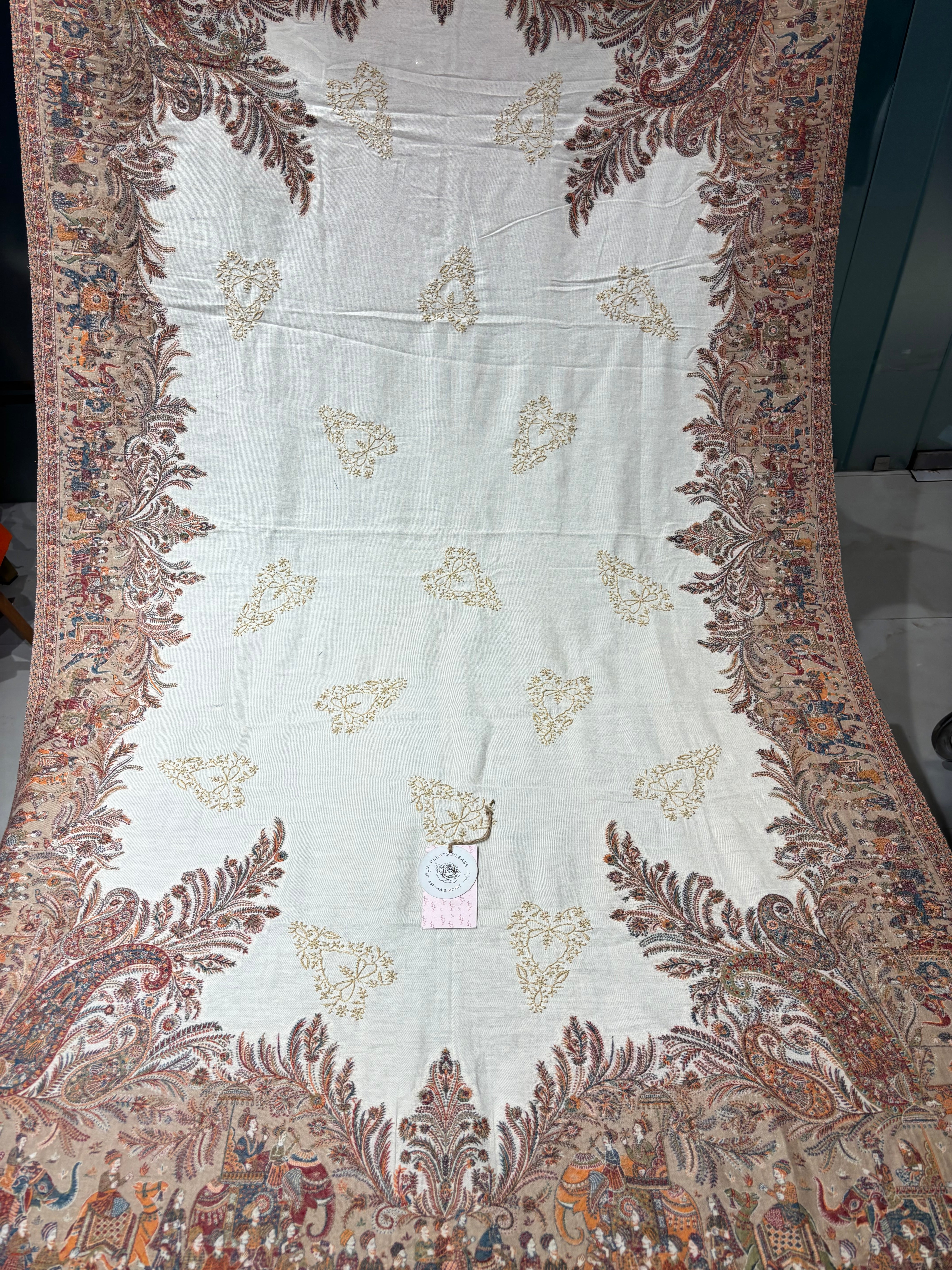 Pearl Bush Woollen Cashmere Chikankari Shawl
