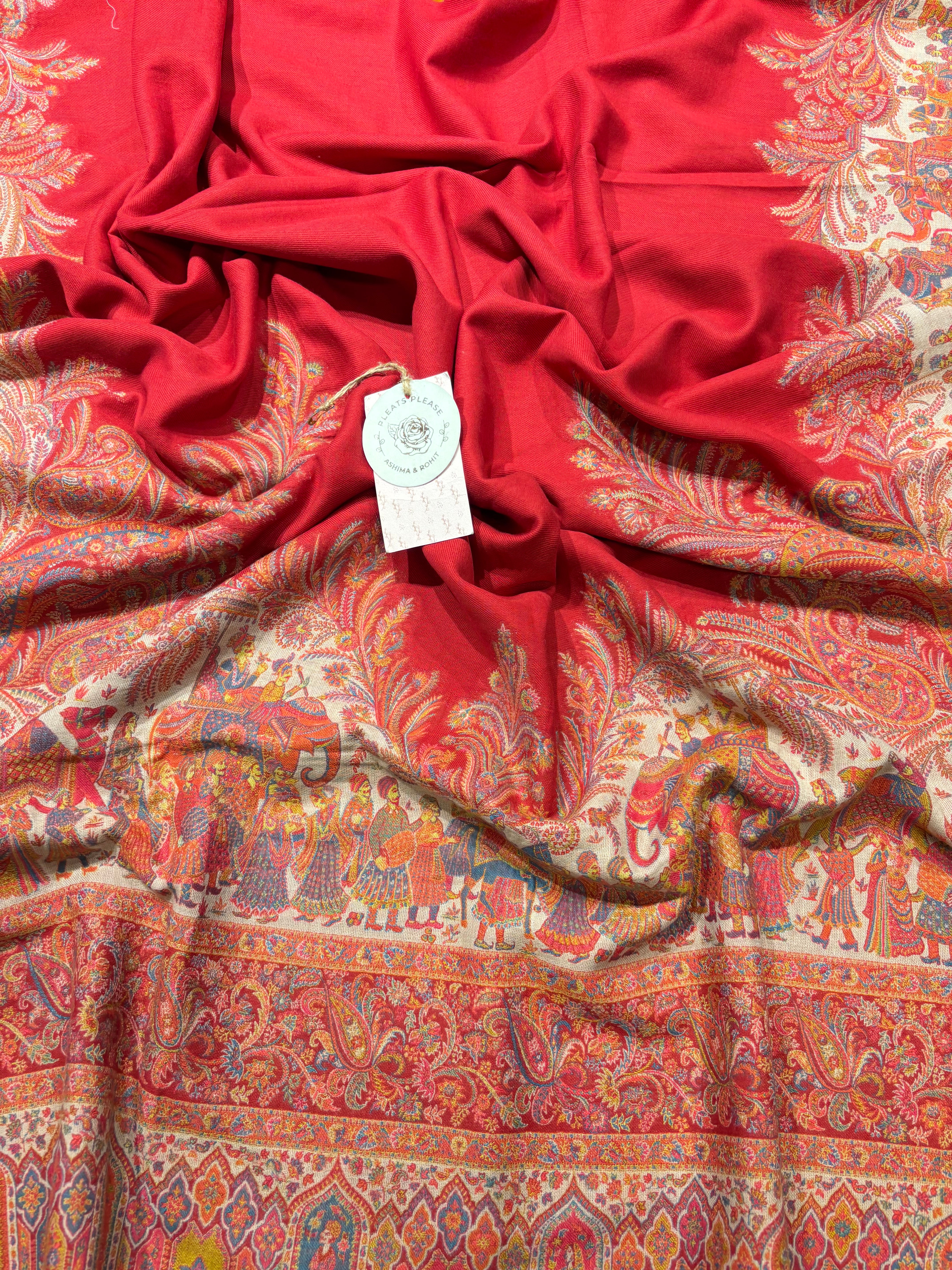 Coral Red Woollen Cashmere Shawl