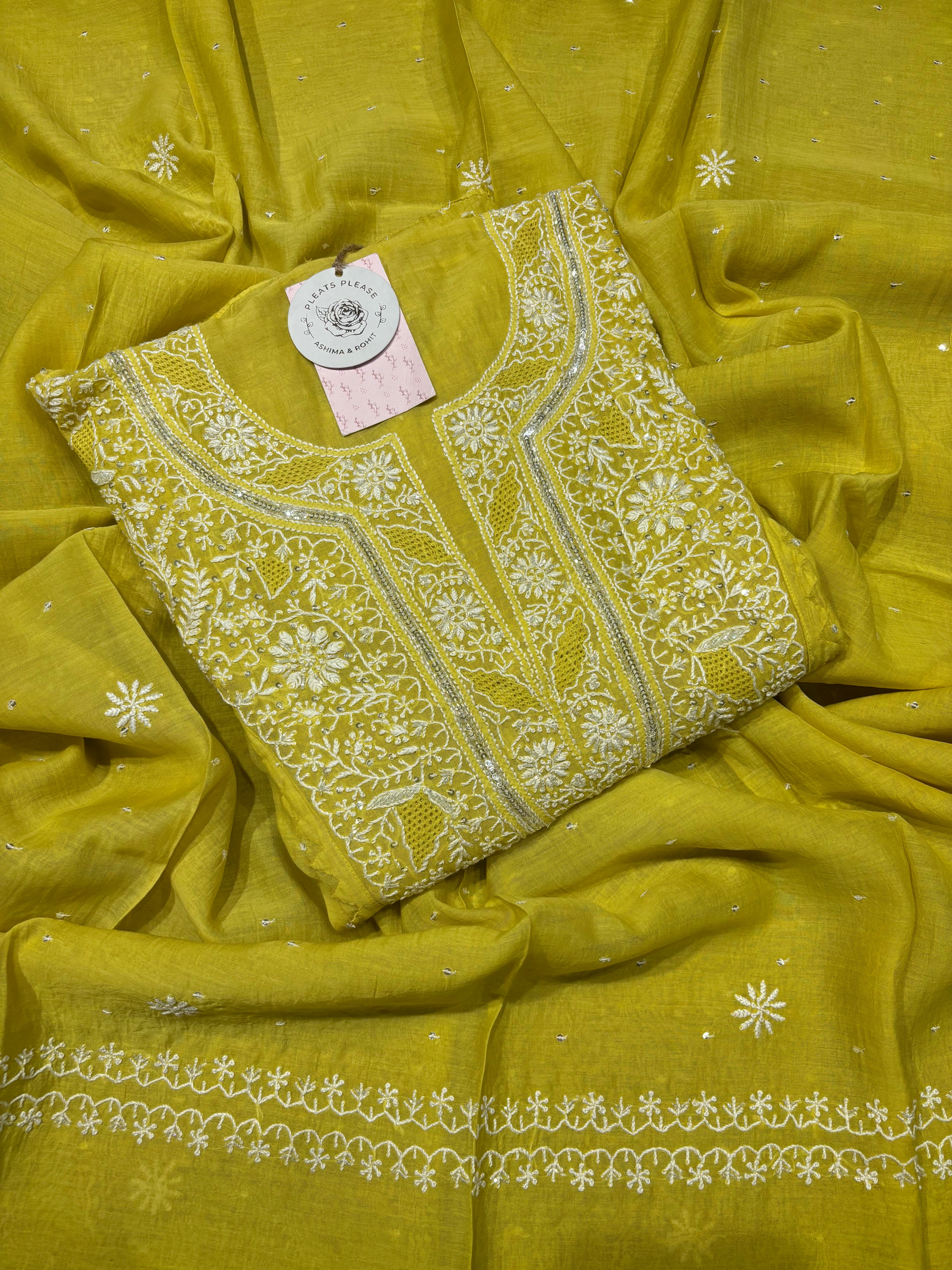 Lime Yellow Chanderi Mul Chikankari Kurta and Dupatta set