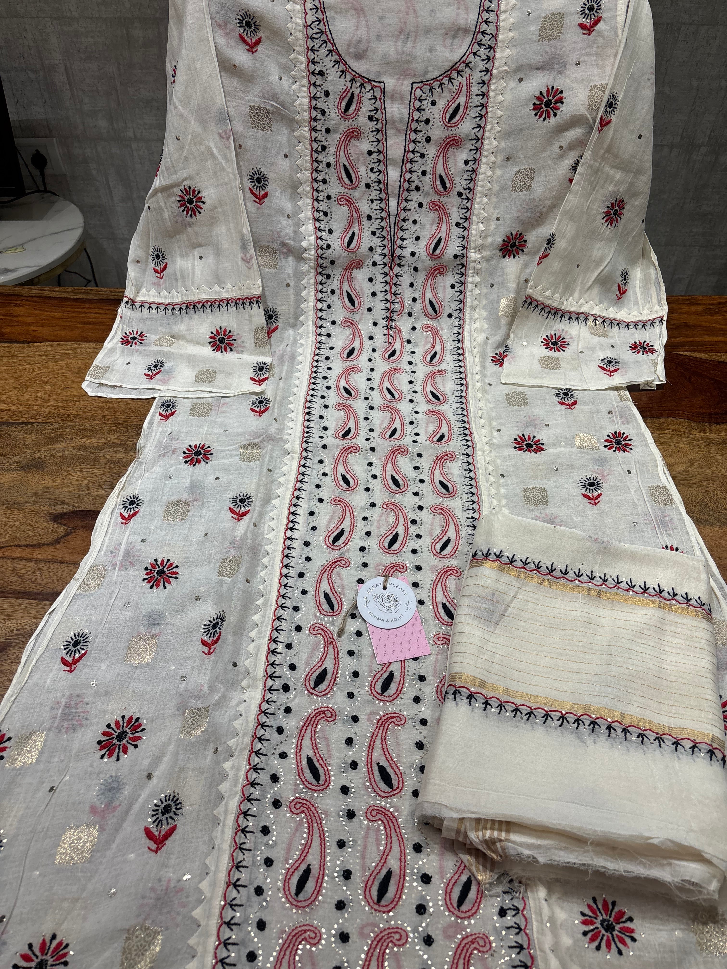 Dyeable Chanderi Mul Chikankari & Mukaish Kurta & Dupatta Set