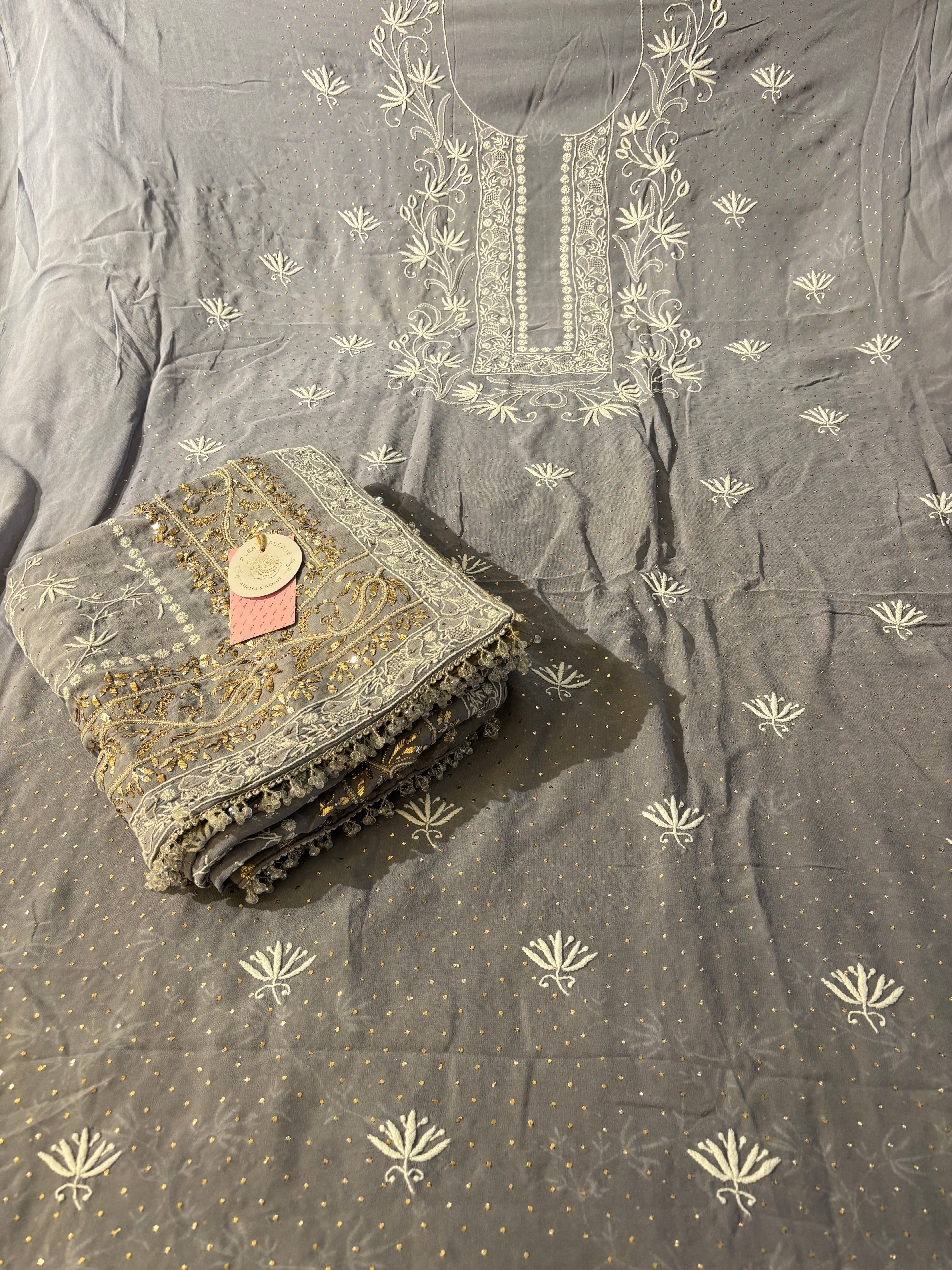 Greyish Powder Blue Pure Georgette Chikankari Mukaish Kurta & Dupatta