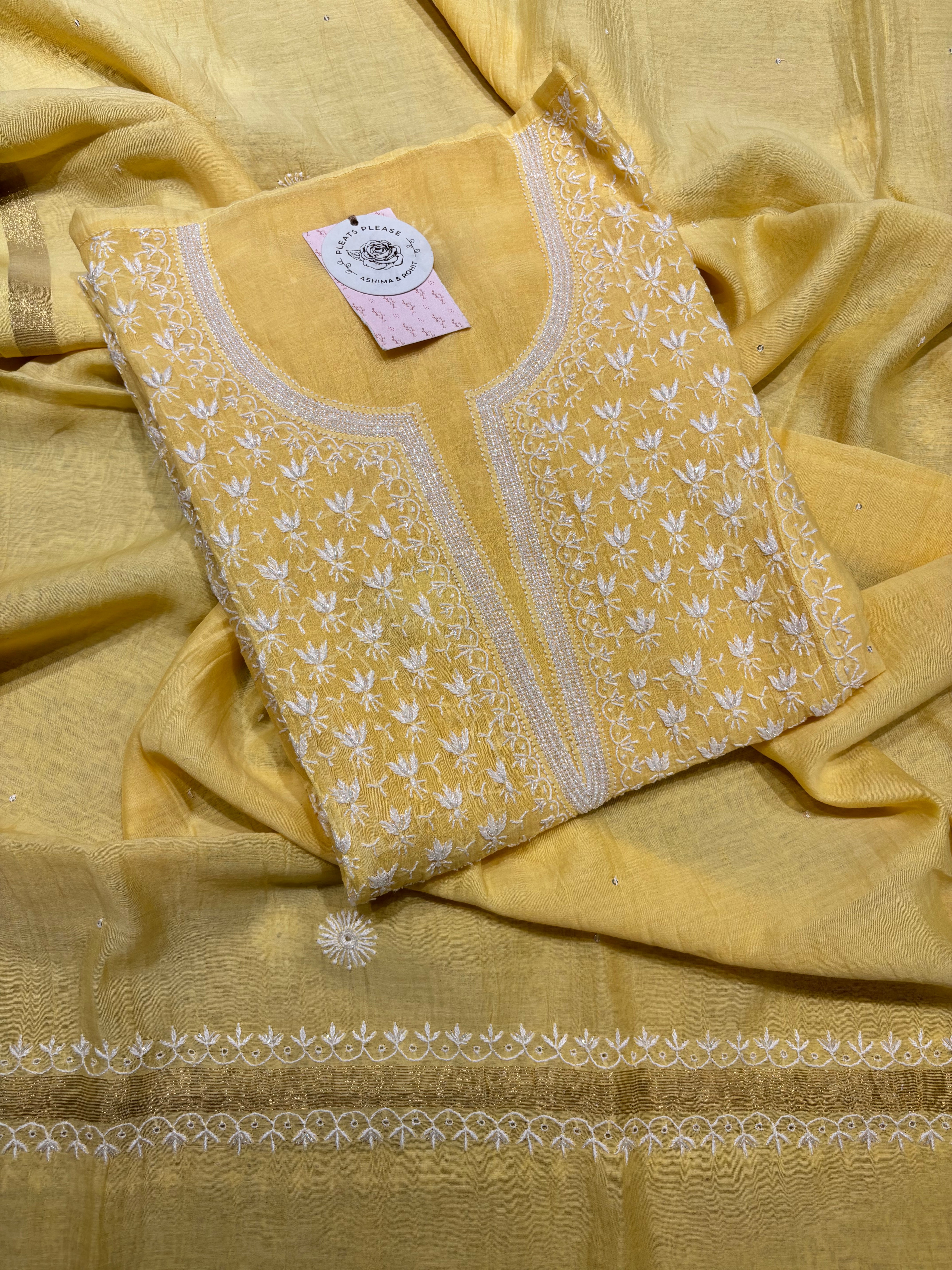 Yellow Chanderi Mul Chikankari Kurta and Dupatta Set